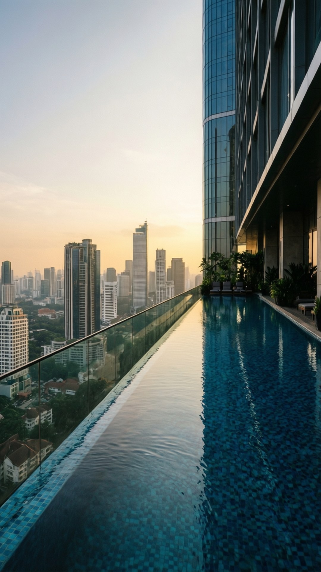 Rooftop Infinity Pool 壁紙 — 屋頂無邊際泳池倒映著金色夕陽，映照在密集的現代城市天際線和玻璃摩天大樓上。