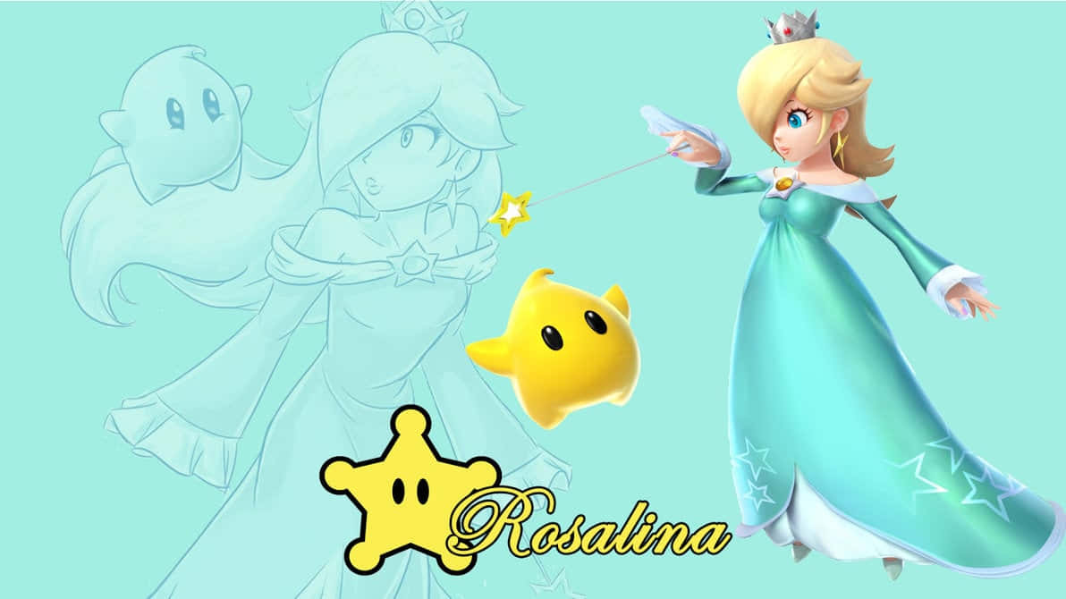 Princess Rosalina 桌布 壁紙 — Rosalina 身穿青綠色長袍，與黃色Luma一同漂浮，旁邊有她自己幽靈般的素描，背景是柔和的青綠色。
