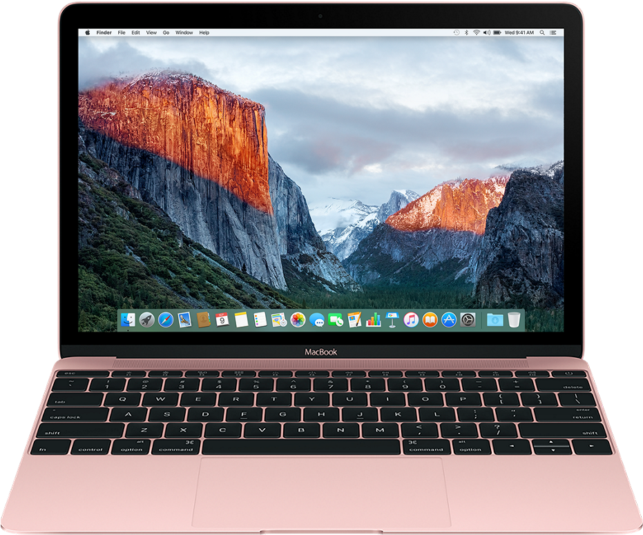 玫瑰金色 MacBook 屏幕上顯示山日落壁紙 — Macbook Pro 壁紙