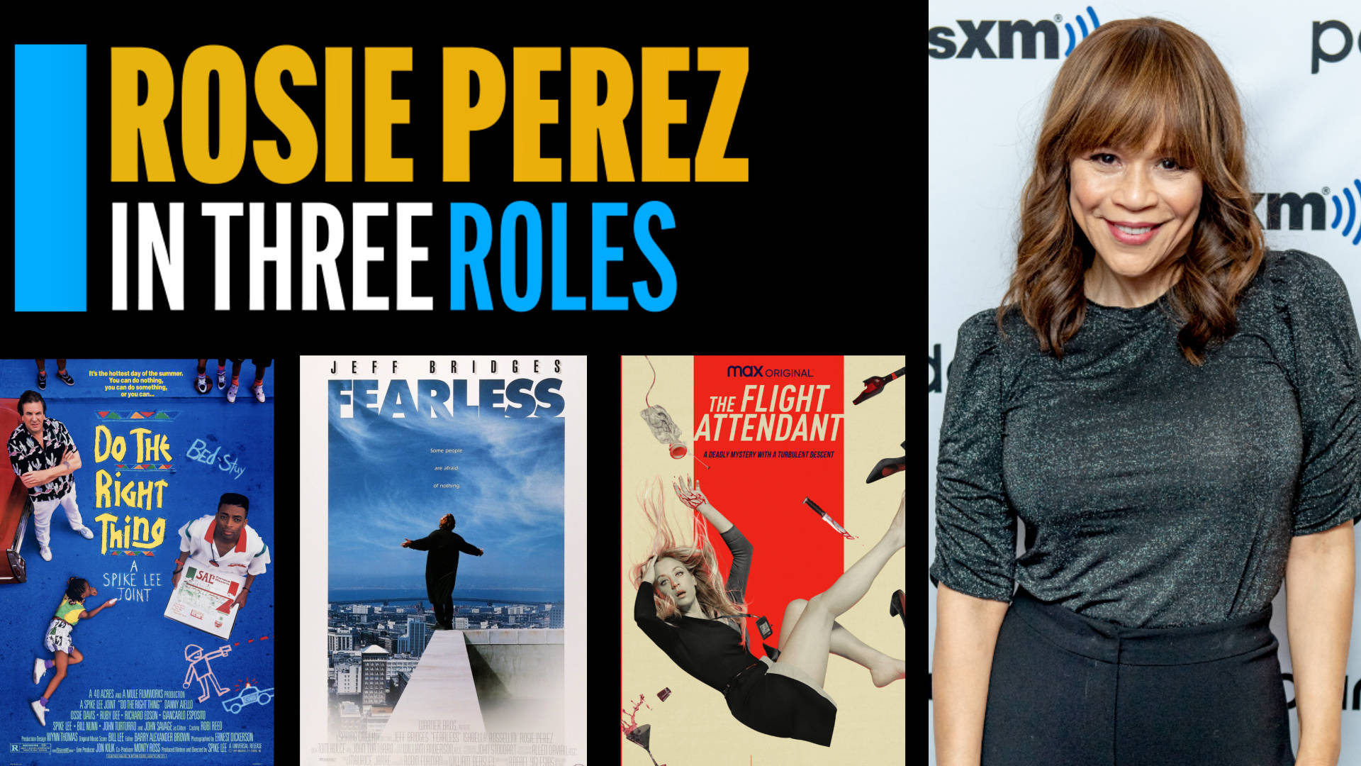 Celebrity 桌布 壁紙 — Rosie Perez 在記者會上微笑，旁邊是《Do The Right Thing》、《Fearless》和《The Flight Attendant》的電影海報。