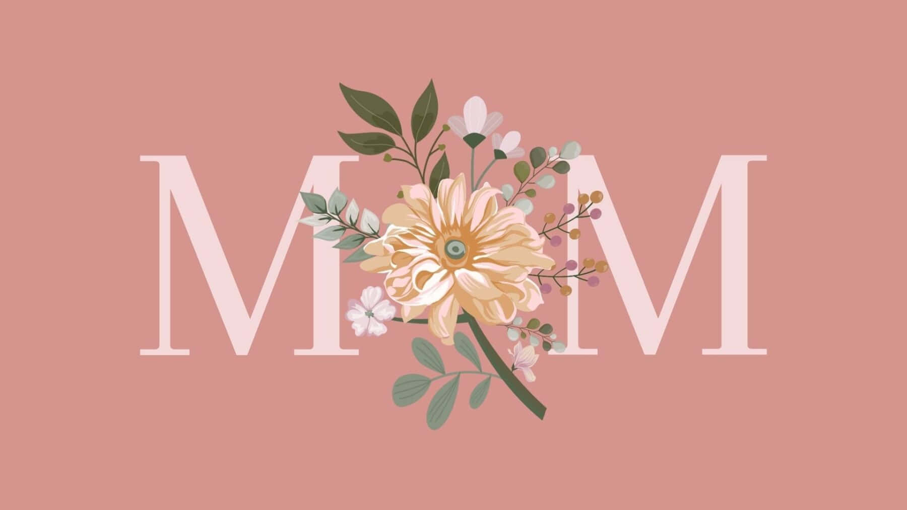  壁紙 — 柔和的粉紅色背景上，有大型淡粉紅色字母 M M，中間夾著精緻的花卉佈置。