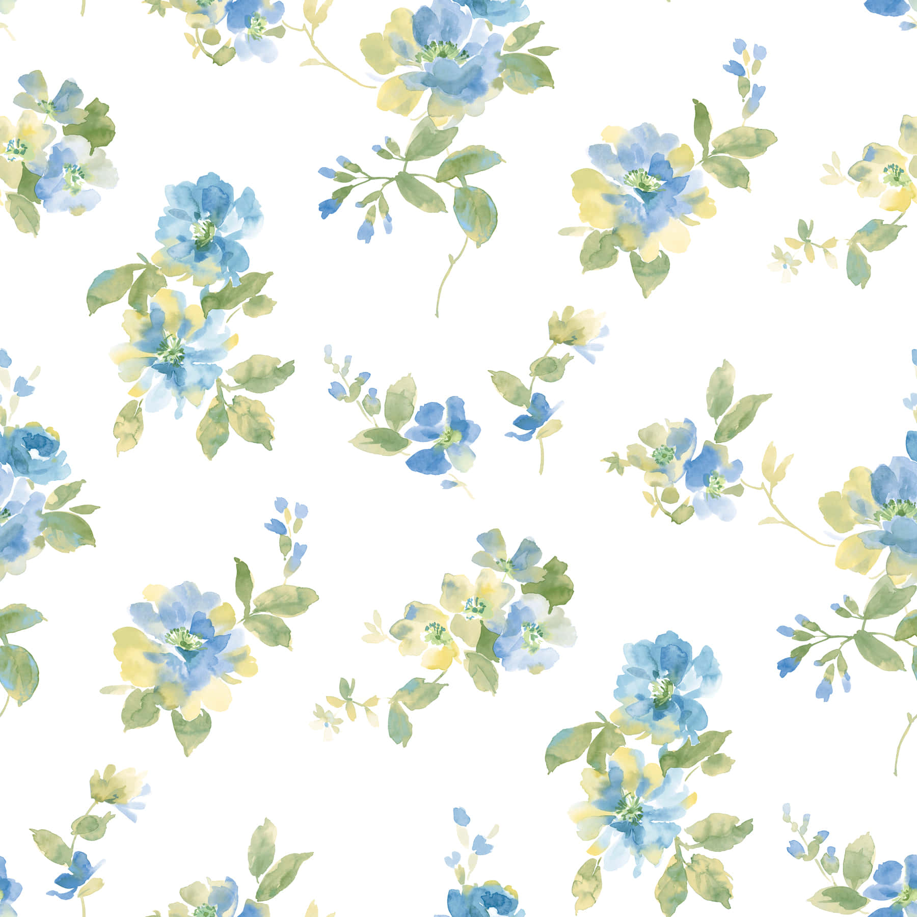 Watercolor Floral 桌布 壁紙 — 柔和的藍色和黃色水彩花朵在潔白背景上以精緻的重複圖案盛開。