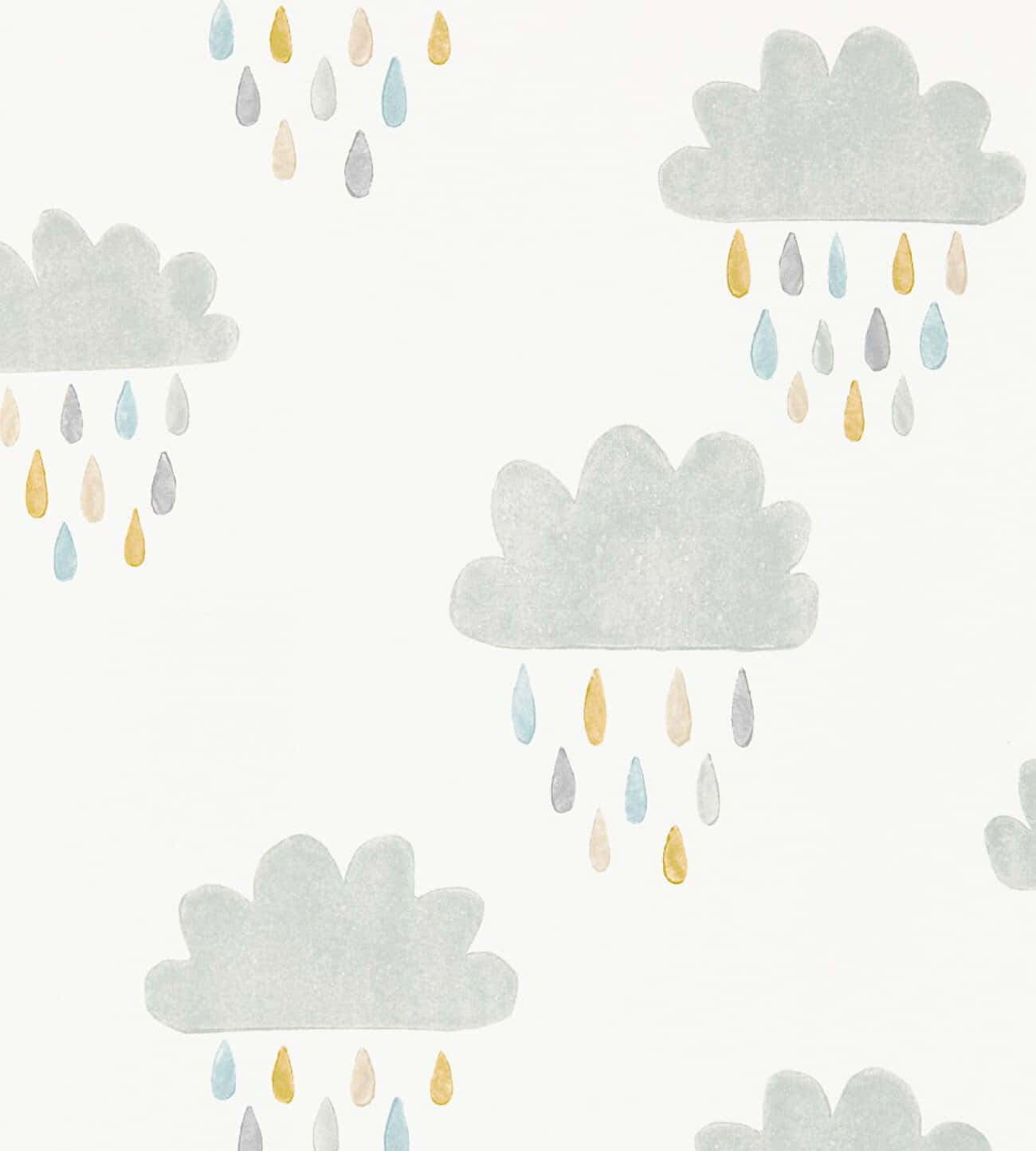  壁紙 — 柔和的水彩雲朵與粉彩雨滴在淡色背景上以溫柔的重複圖案飄浮。