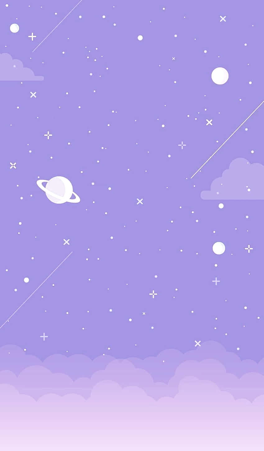  壁紙 — 柔和的紫色天空，佈滿星星、行星和流星，漂浮在粉彩雲朵之上。