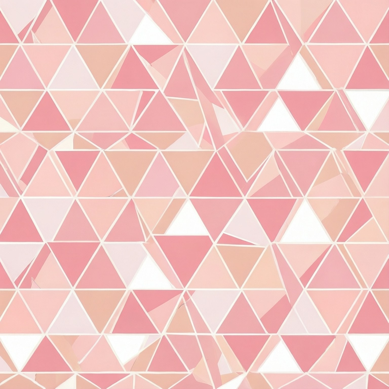 Pink Triangles Play 壁紙 — 柔和粉紅蜜桃和白色色調的重疊三角形無縫圖案，創造出現代幾何壁紙設計。