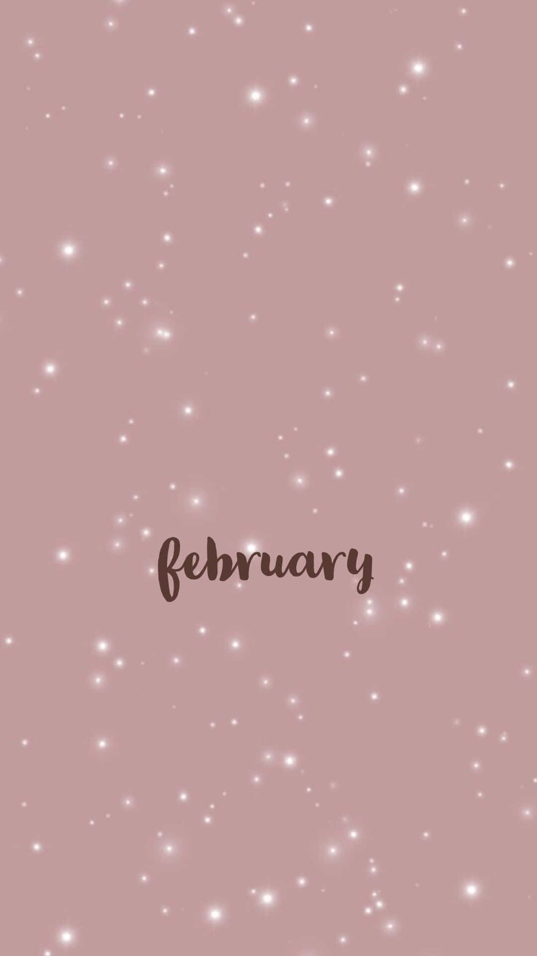  壁紙 — 柔和粉紅色背景，散落白色閃光，並以優雅草書寫有「february」一詞。