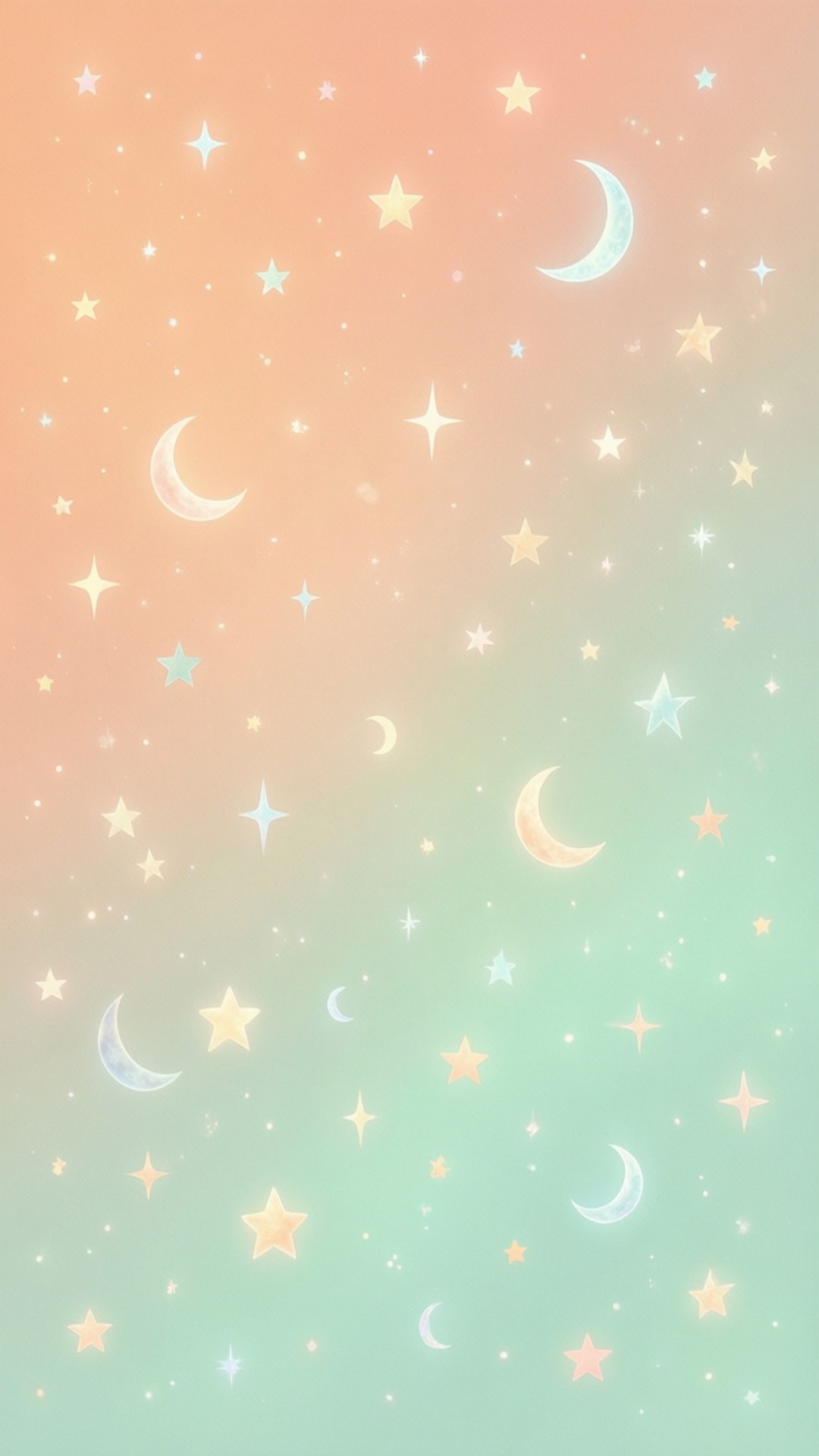 Pastel Dream 壁紙 — 柔和蜜桃和薄荷色調的漸變天空，充滿閃爍星星和彎月。