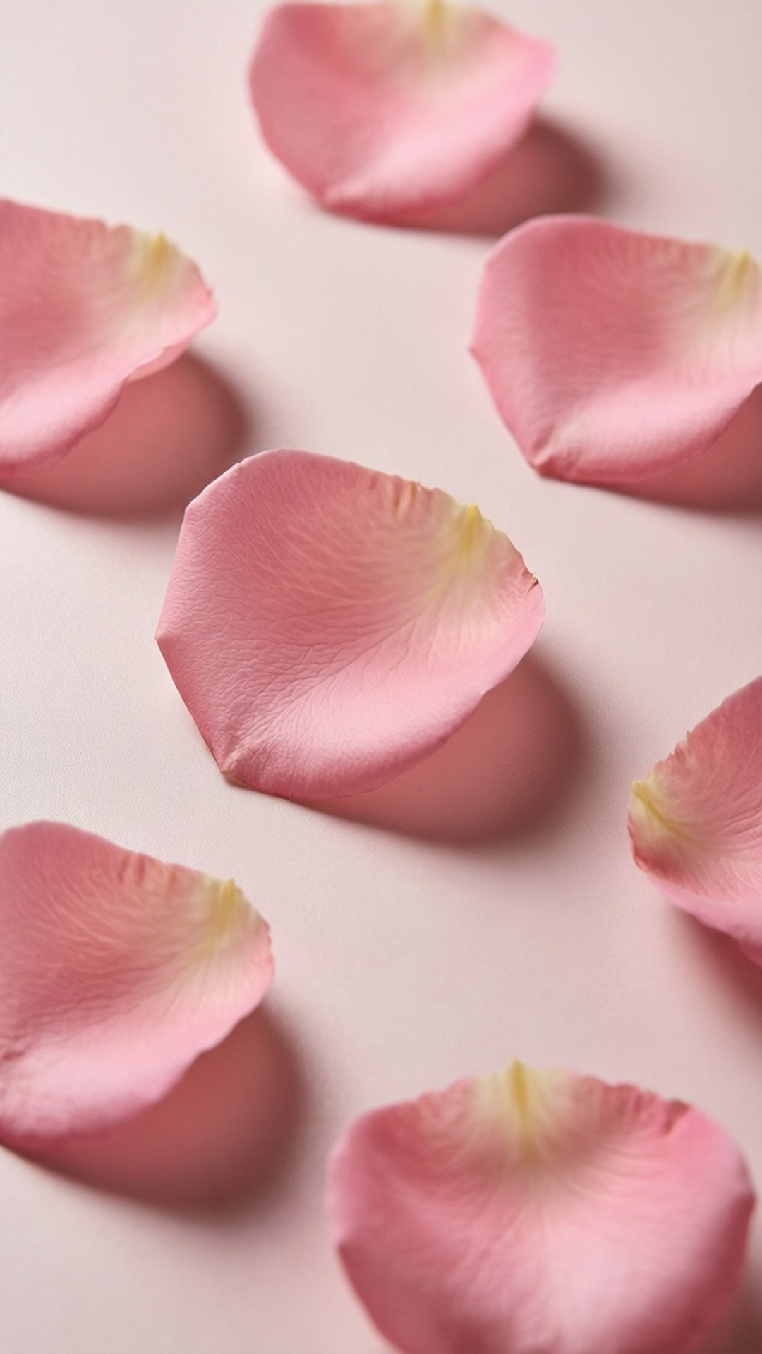 Rose Petals Scatter 壁紙 — 柔軟的粉紅玫瑰花瓣散落在淡粉紅色的表面上，投下柔和的陰影。