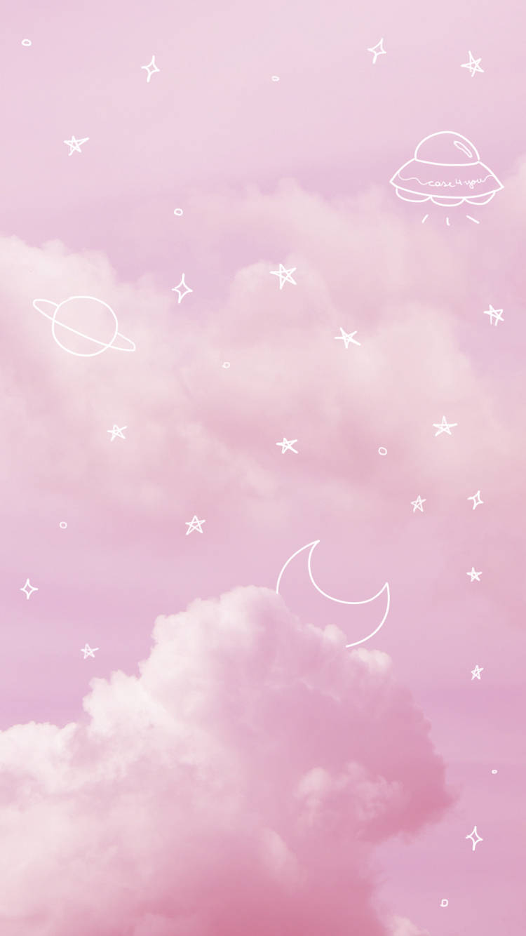 粉紅色天空，有蓬鬆的雲朵和天體及UFO的白色線條藝術。 — Pastel 壁紙