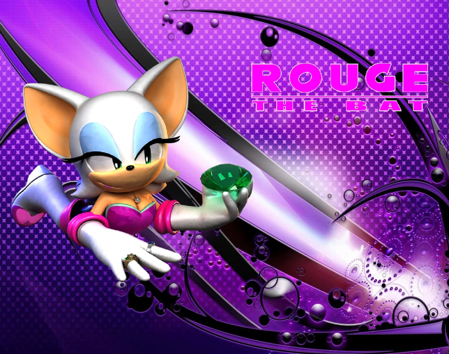 Rouge The Bat 桌布 壁紙 — Rouge the Bat 在充滿旋轉氣泡和粗體文字的鮮豔紫色背景前，拿著一顆發光的綠色寶石。