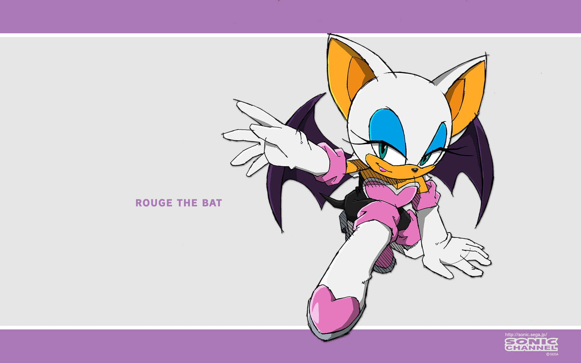 Rouge The Bat 桌布 壁紙 — Rouge the Bat 身穿粉紅色服裝，在簡約的紫色和灰色背景前動態擺姿勢。