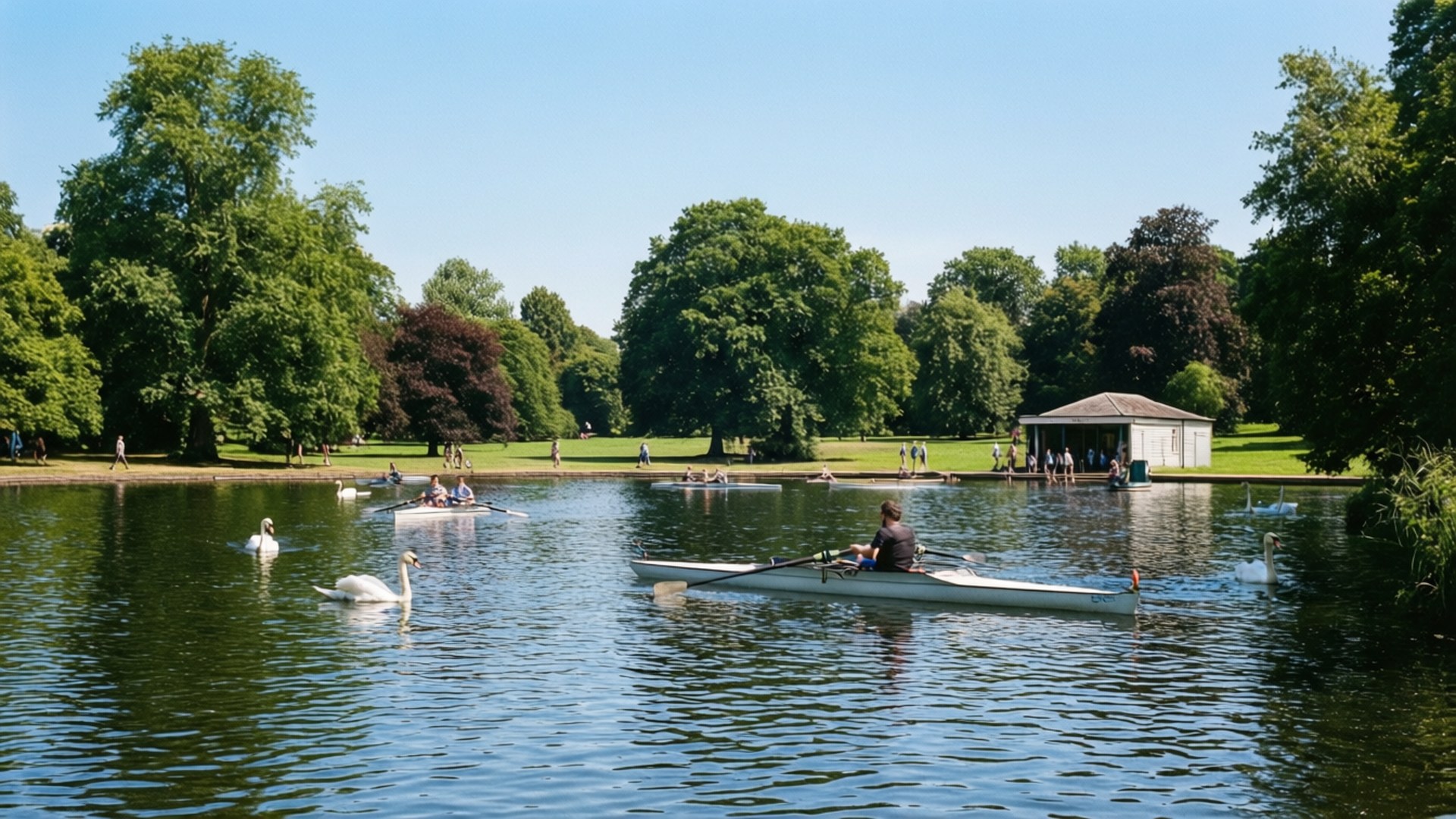 Cannon Hill Park Lake 壁紙 — 划艇者在陽光明媚的湖泊上滑行，周圍是茂密的綠樹，優雅的天鵝在附近游泳。