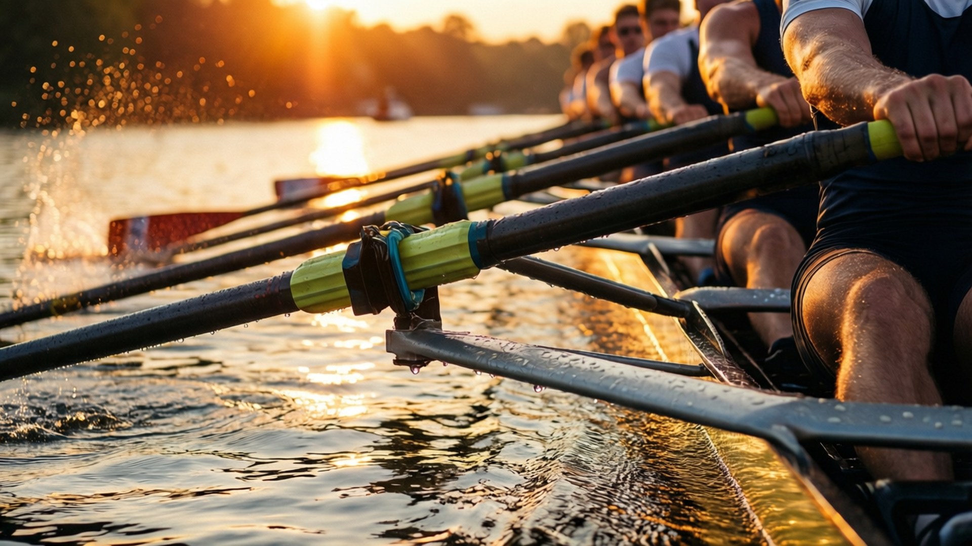 Golden Oars at Dusk 壁紙 — 划艇手在日落時分奮力划過水面，船槳將金色光芒濺起在河面上。
