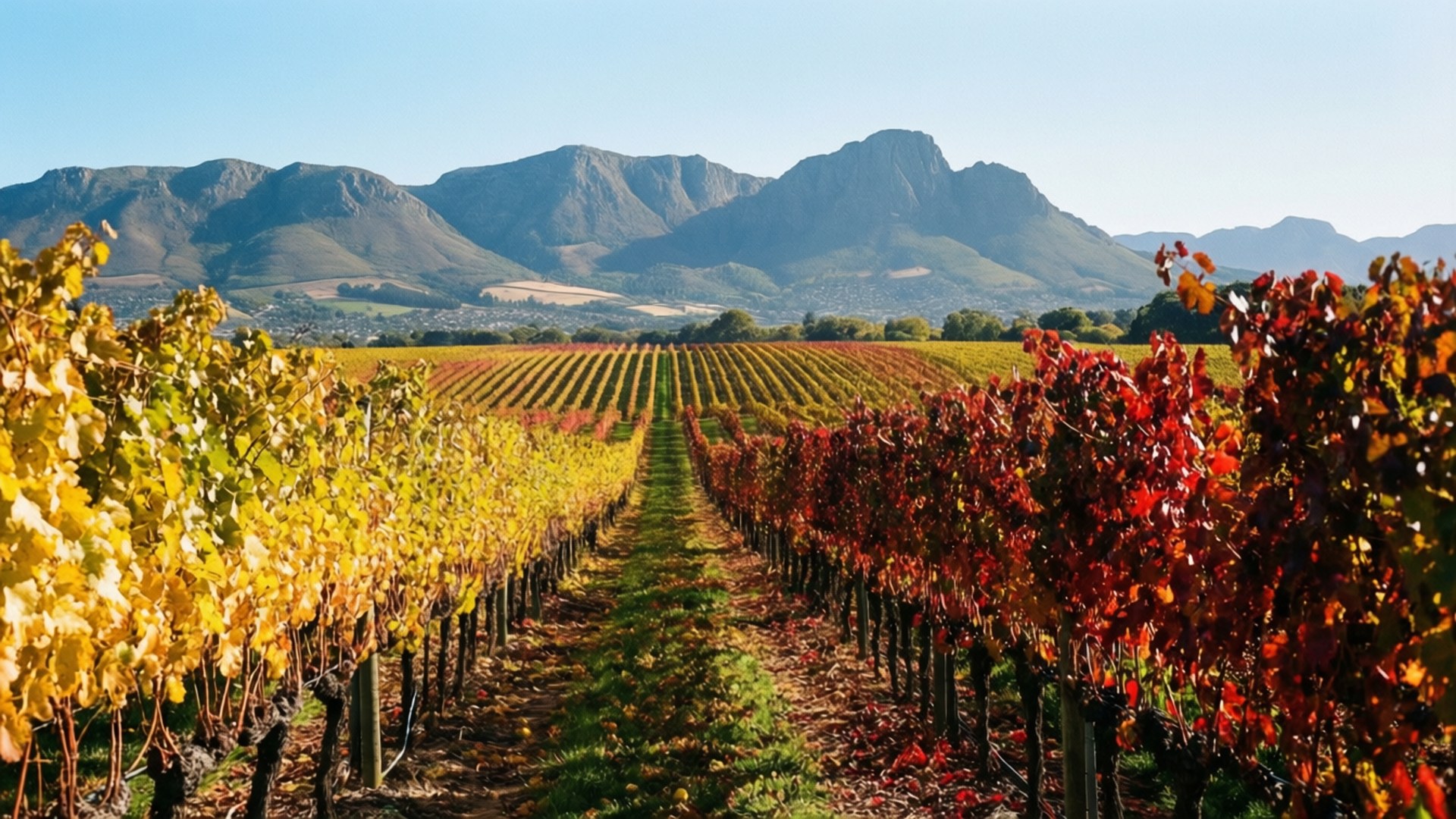 Autumn Vineyards 壁紙 — 一排排秋色葡萄藤在清澈的藍天下向遠山延伸。
