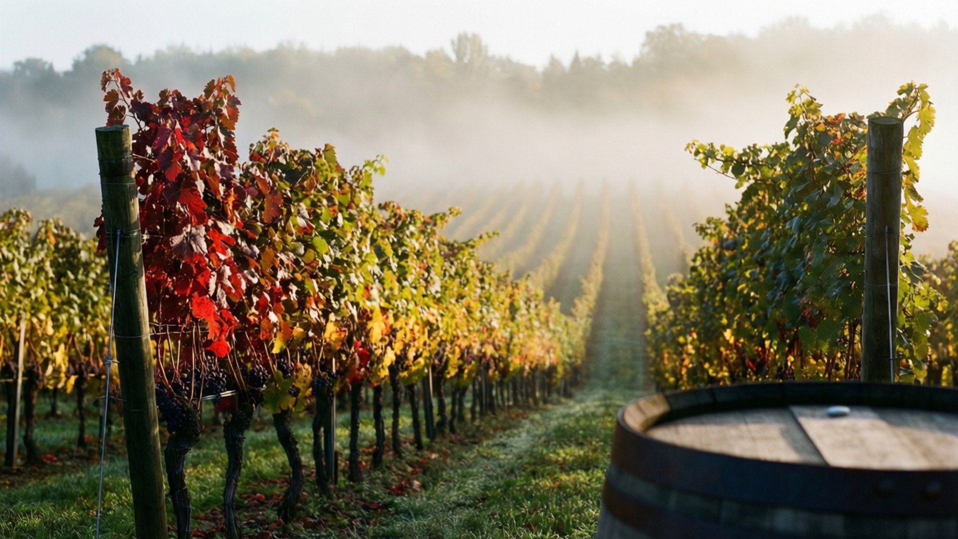 Fall Vineyard Morning 壁紙 — 一排排秋季葡萄園延伸到霧濛濛的遠方，前景有一個木桶。