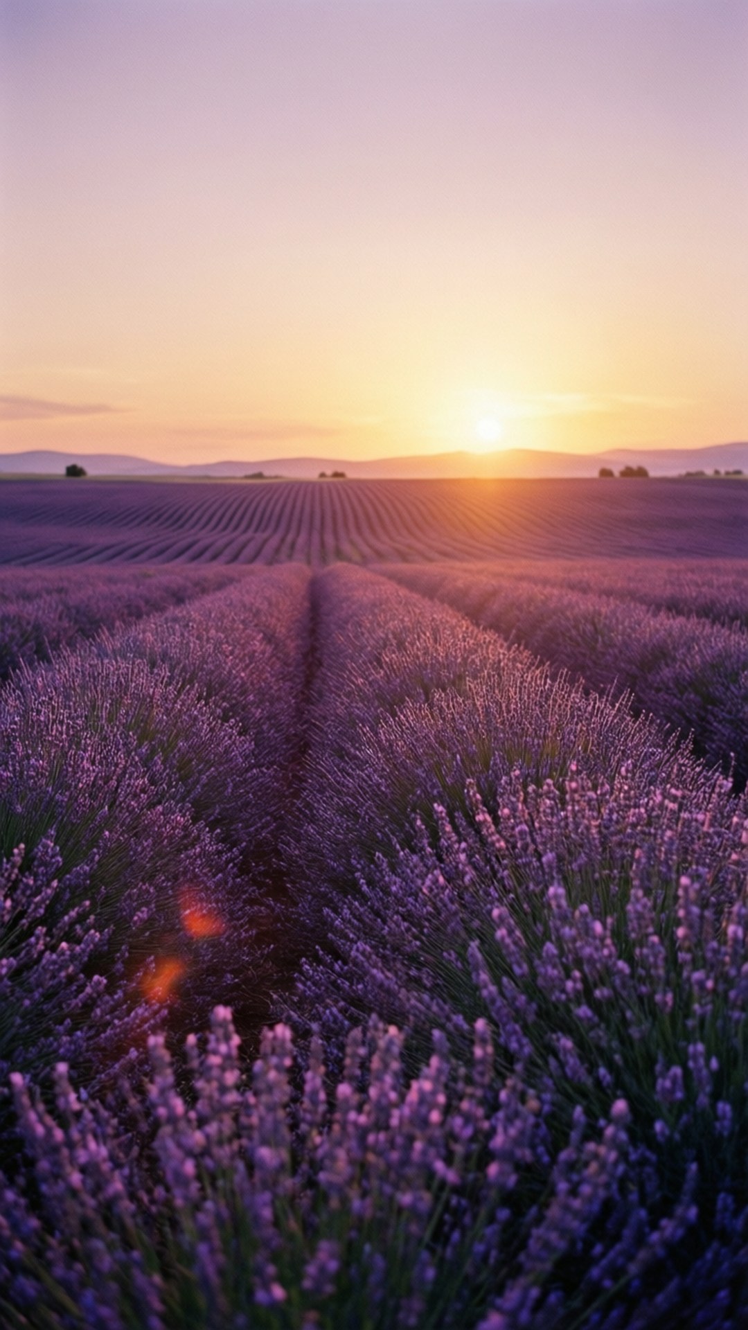 Lavender Fields Sunset 壁紙 — 一排排盛開的薰衣草向遠山上的金色日落延伸。