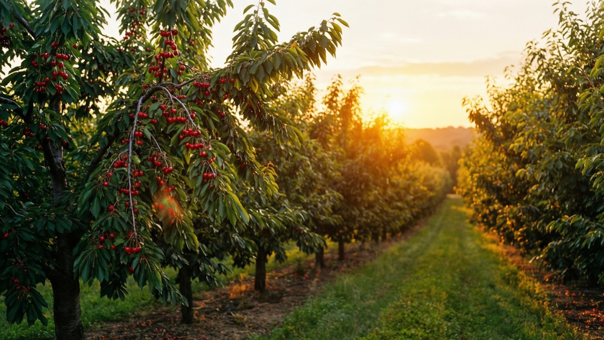 Cherry Orchard Sunset 壁紙 — 一排排結滿成熟紅色果實的櫻桃樹延伸到金色的日落中。
