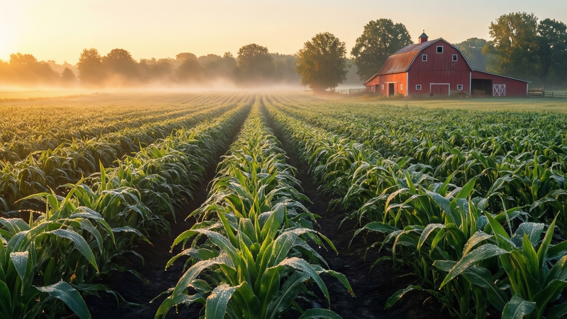 Dawn Over the Farm 壁紙 — 一排排帶露水的玉米延伸向一座在金色日出薄霧中閃耀的紅色穀倉。