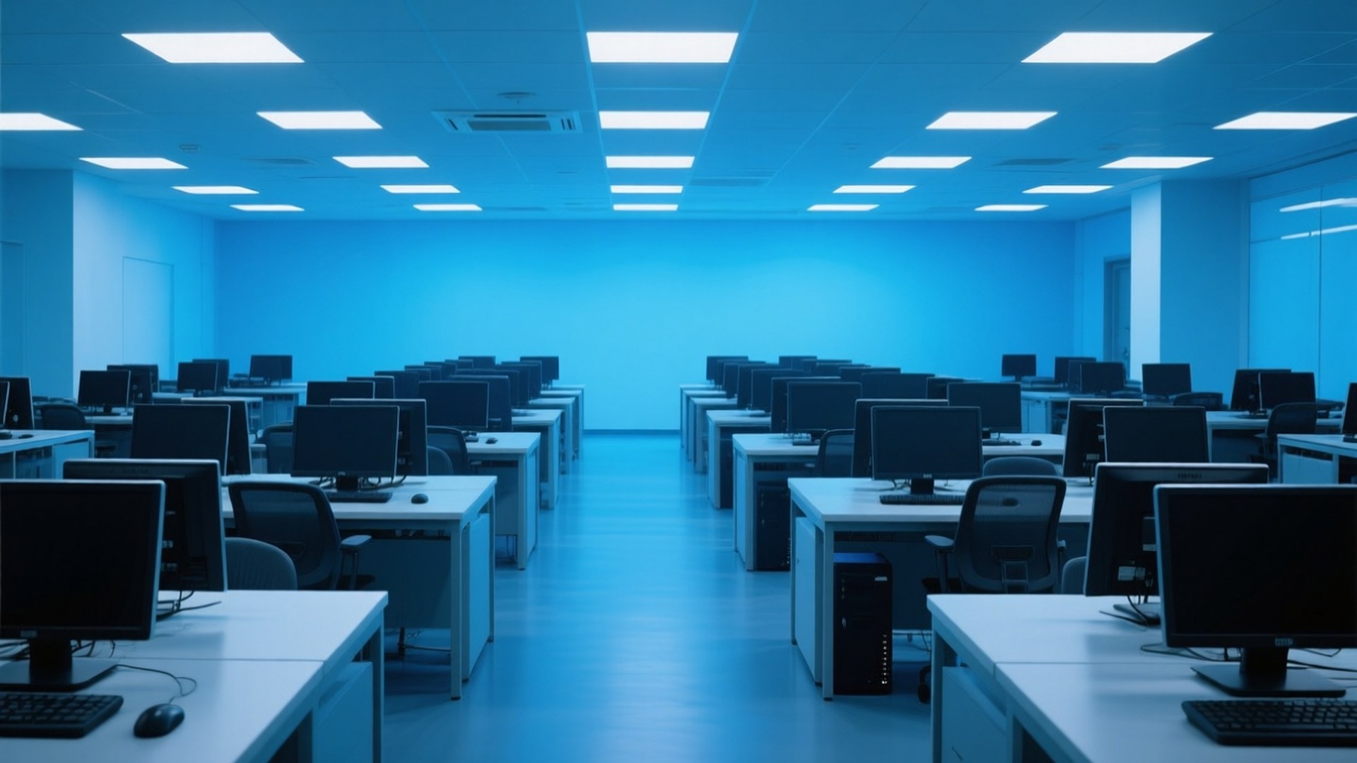 Empty Computer Lab 壁紙 — 一排排空的電腦桌在一個寬闊的藍色燈光數位教室中，天花板上裝有螢光燈。