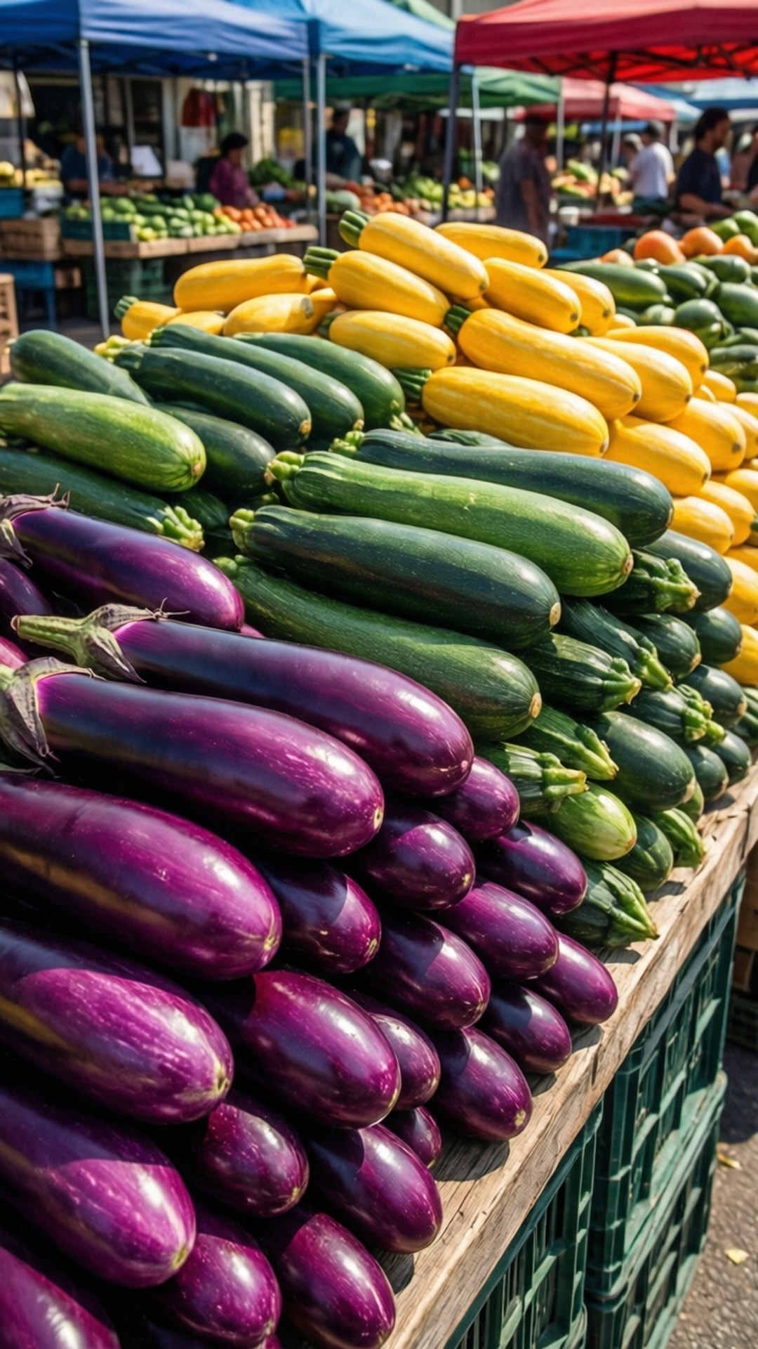 Farmers Market Display 壁紙 — 在色彩繽紛的遮陽篷下，木製市場攤位上高高堆起一排排光滑的紫色茄子、綠色櫛瓜和黃色南瓜。