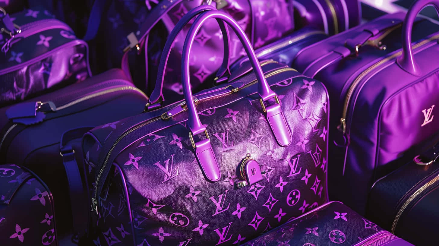  壁紙 — 一排排帶有花押字圖案的光澤紫色路易威登手袋，在充滿活力的霓虹燈光下閃耀。