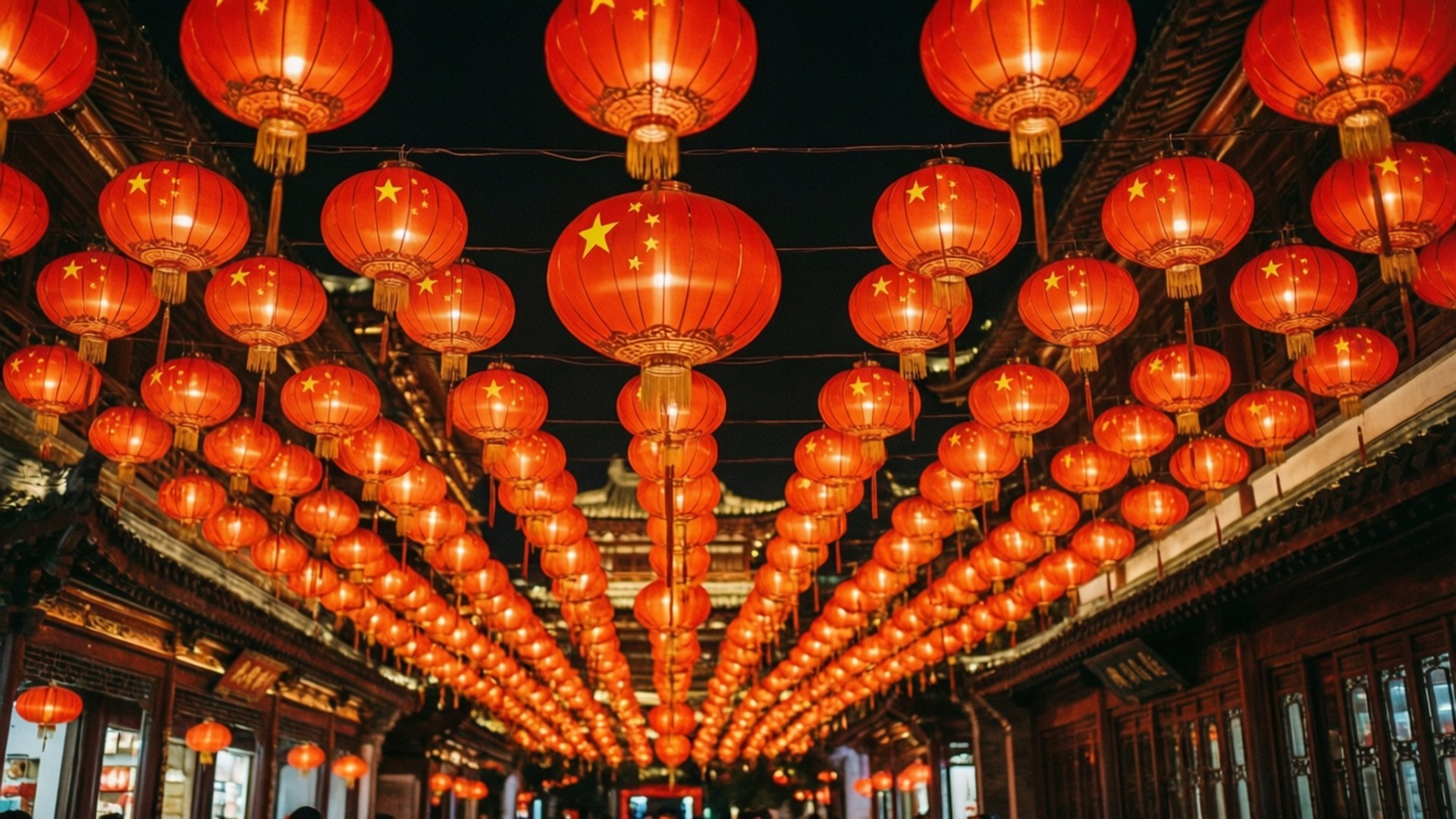 一排排紅色燈籠，上面有黃色星星，掛在傳統中國庭院的上空，夜晚時分。 — 中國國旗 壁紙