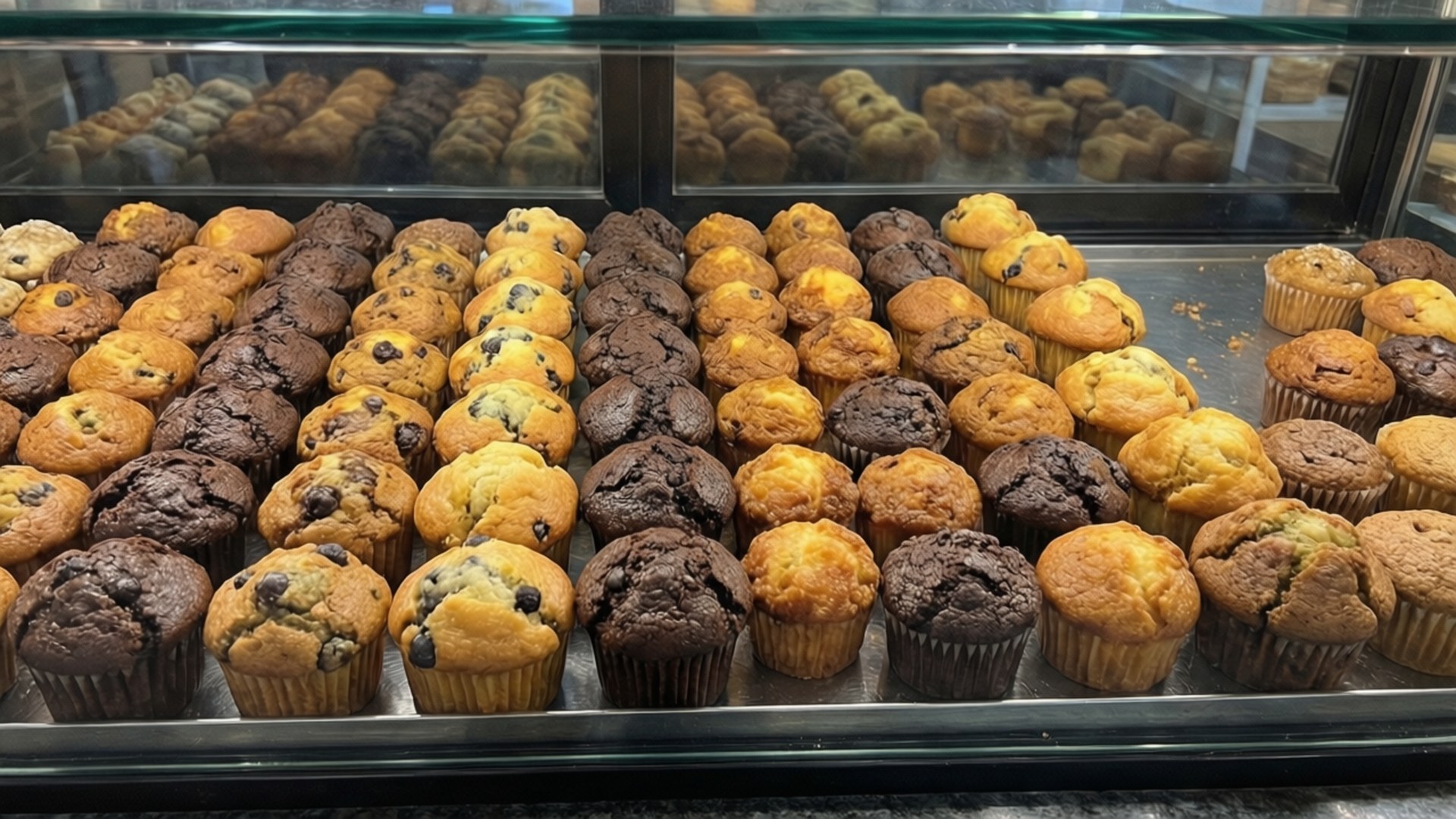 Bakery Display 壁紙 — 玻璃麵包櫃中展示的一排排金黃色和巧克力鬆餅，配以藍莓和巧克力豆。
