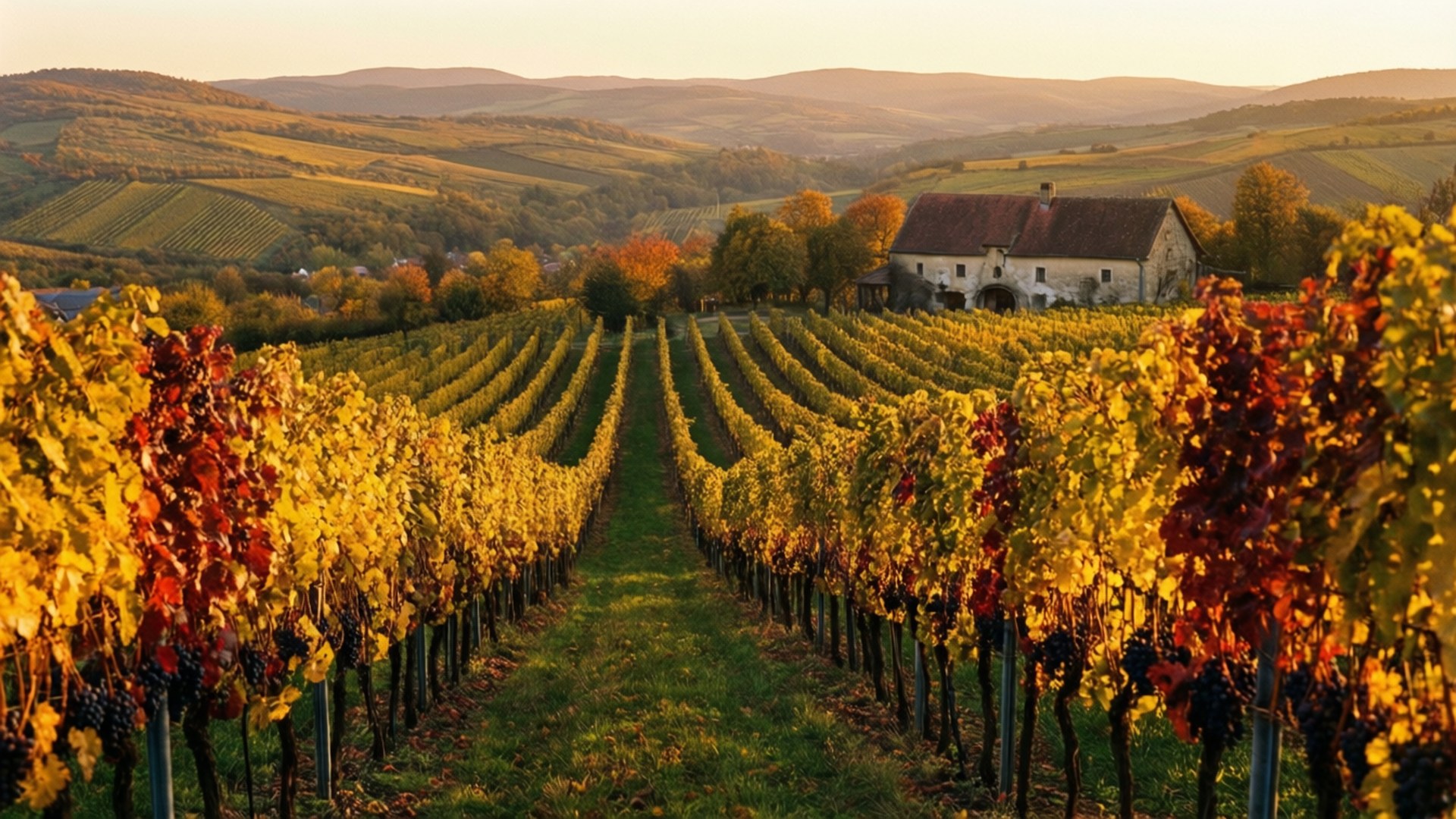 Moravian Vineyard Autumn 壁紙 — 一排排金色和深紅色的葡萄藤延伸至一座石砌農舍，坐落在日落時分連綿起伏的秋日山丘中。