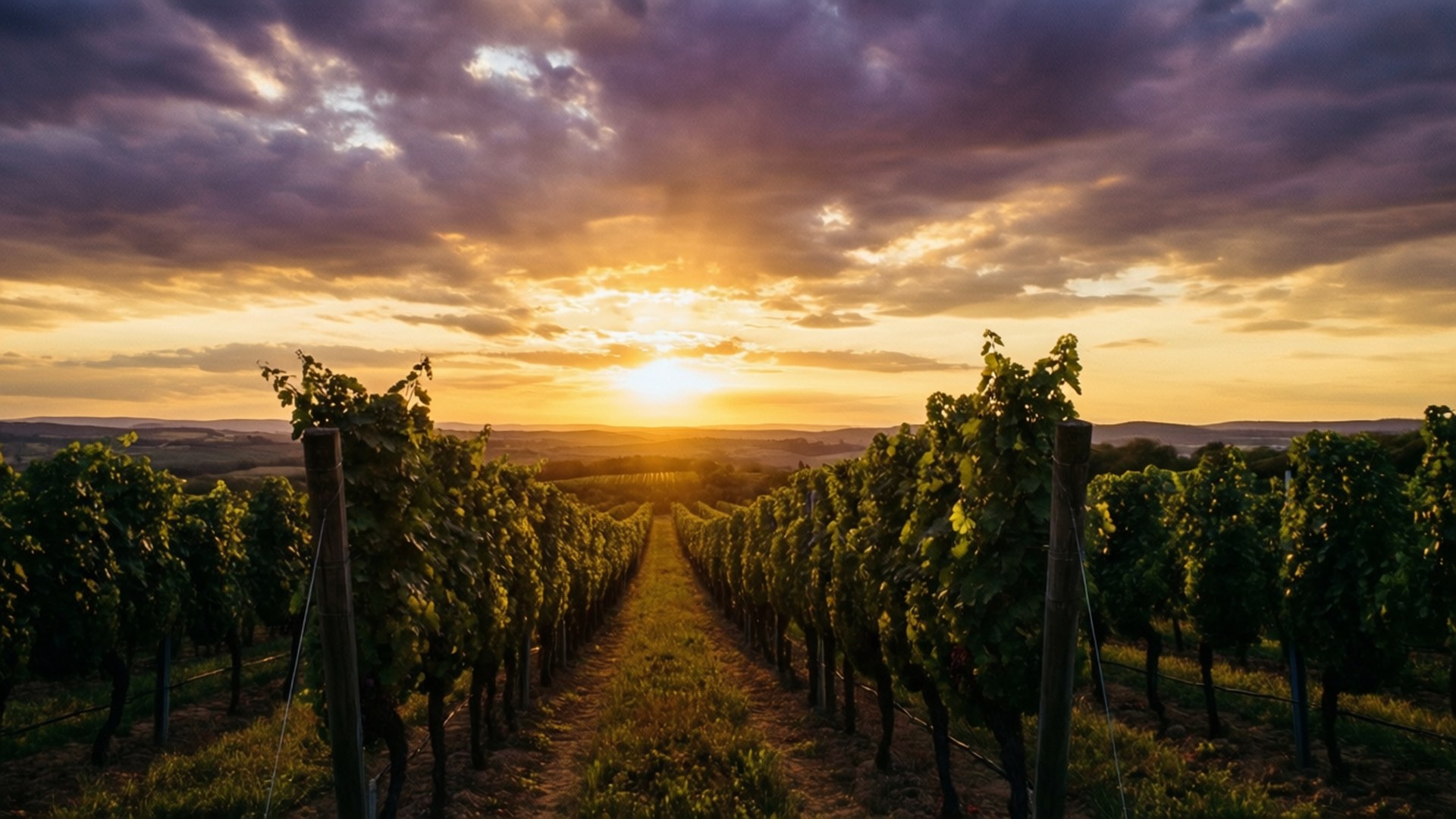 Vineyard Sunset Panorama 壁紙 — 一排排葡萄藤在戲劇性的紫色雲彩下向金色日落延伸。