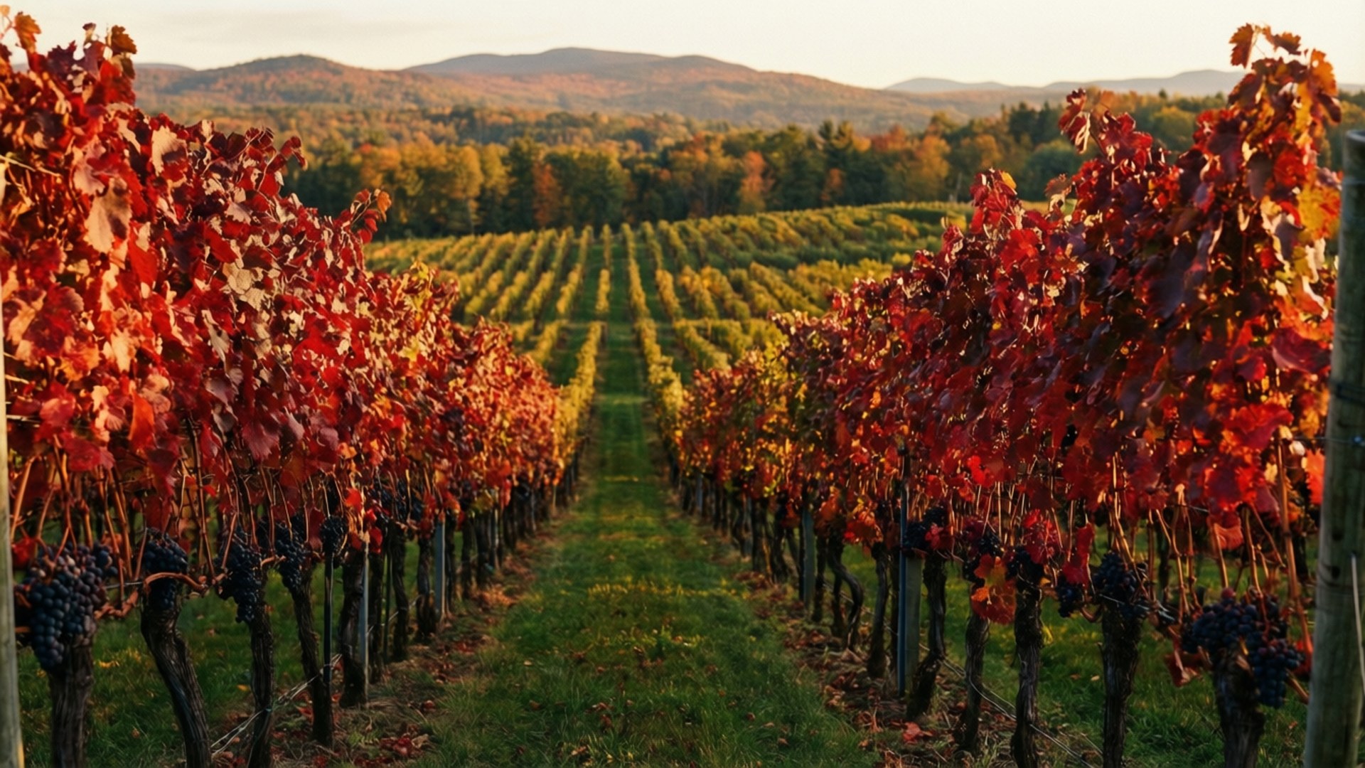 Vermont Autumn Vineyard 壁紙 — 一排排帶有火紅葉子和深色葡萄的葡萄藤延伸至一個陽光明媚的山谷，遠處是秋日的山丘。