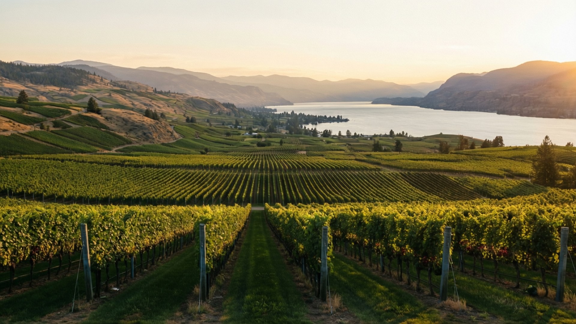 Okanagan Vineyard Sunset 壁紙 — 一排排茂密的綠色葡萄藤延伸至日落時分金色山丘之間寧靜的湖泊。