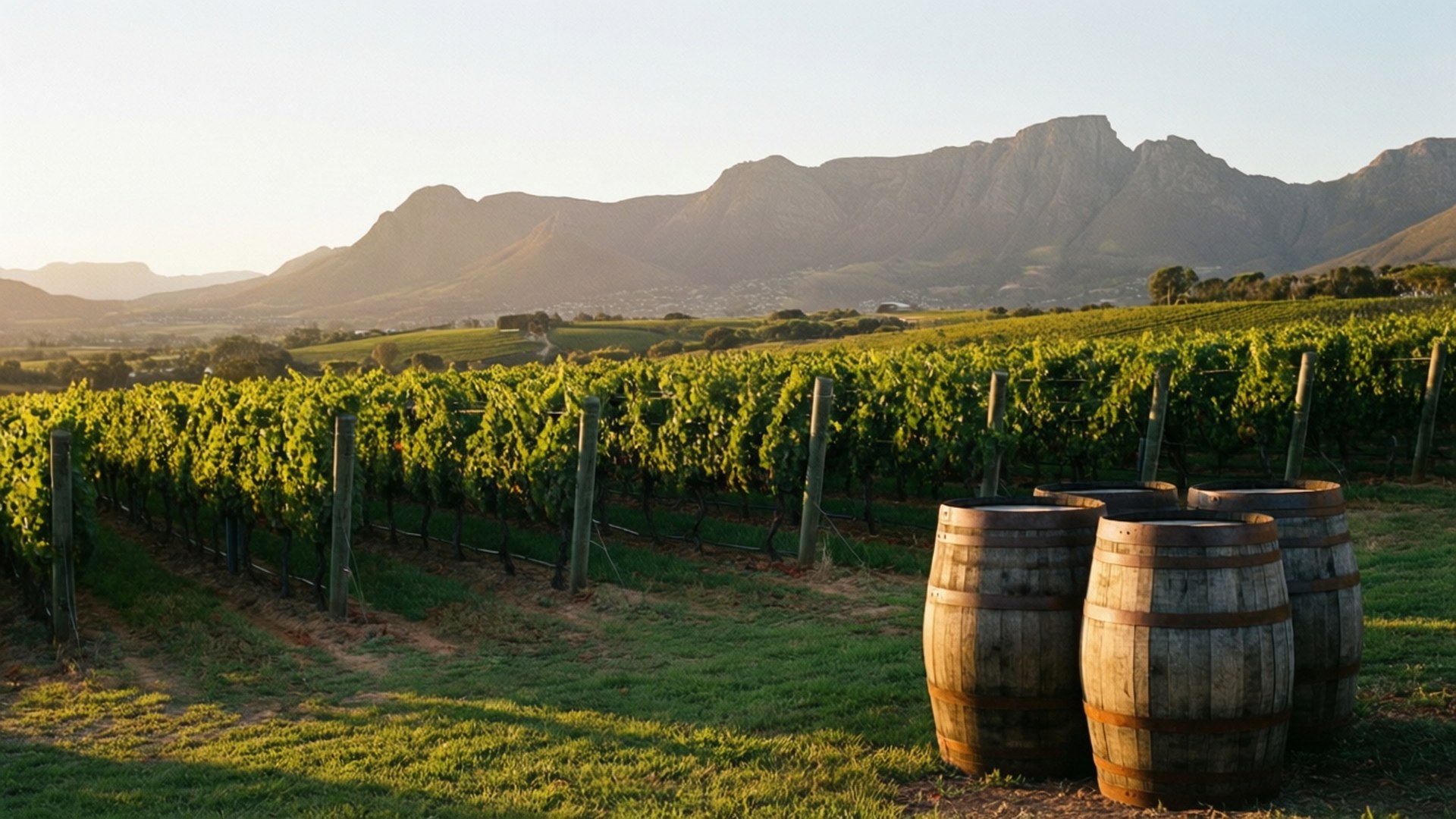 Stellenbosch Vineyards 壁紙 — 一排排茂密的綠色葡萄藤延伸向陽光照耀的山脈，前景草地上放著木製酒桶。