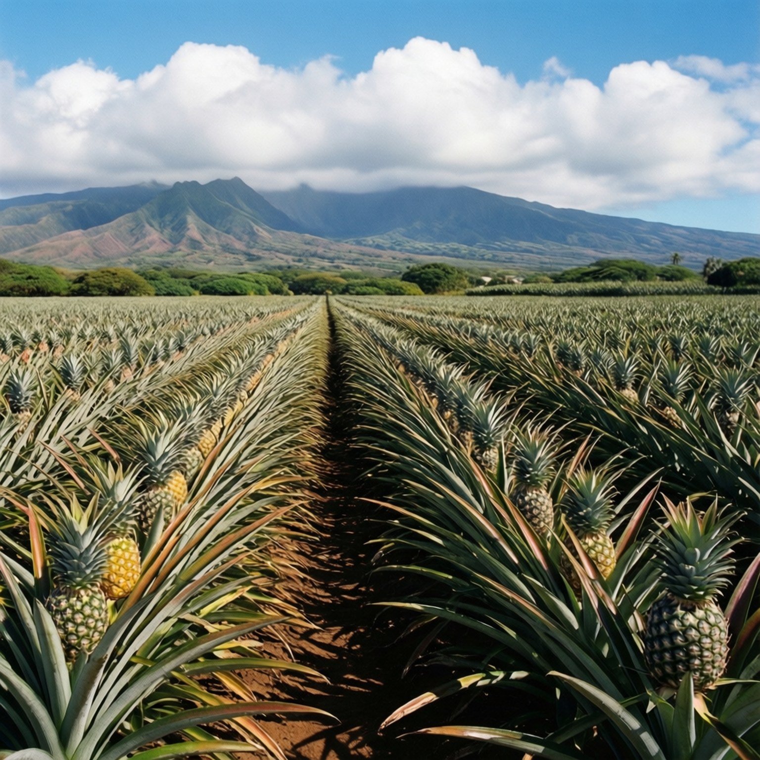 Pineapple Field Vista 壁紙 — 一排排鳳梨向遠山延伸，在明亮的藍天下有蓬鬆的白雲。