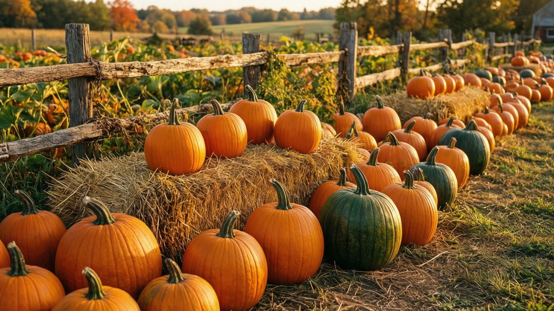 Harvest Pumpkin Patch 壁紙 — 一排排鮮豔的橙色和綠色南瓜放在乾草捆上，旁邊是風化的木柵欄，在陽光明媚的秋日田野中。