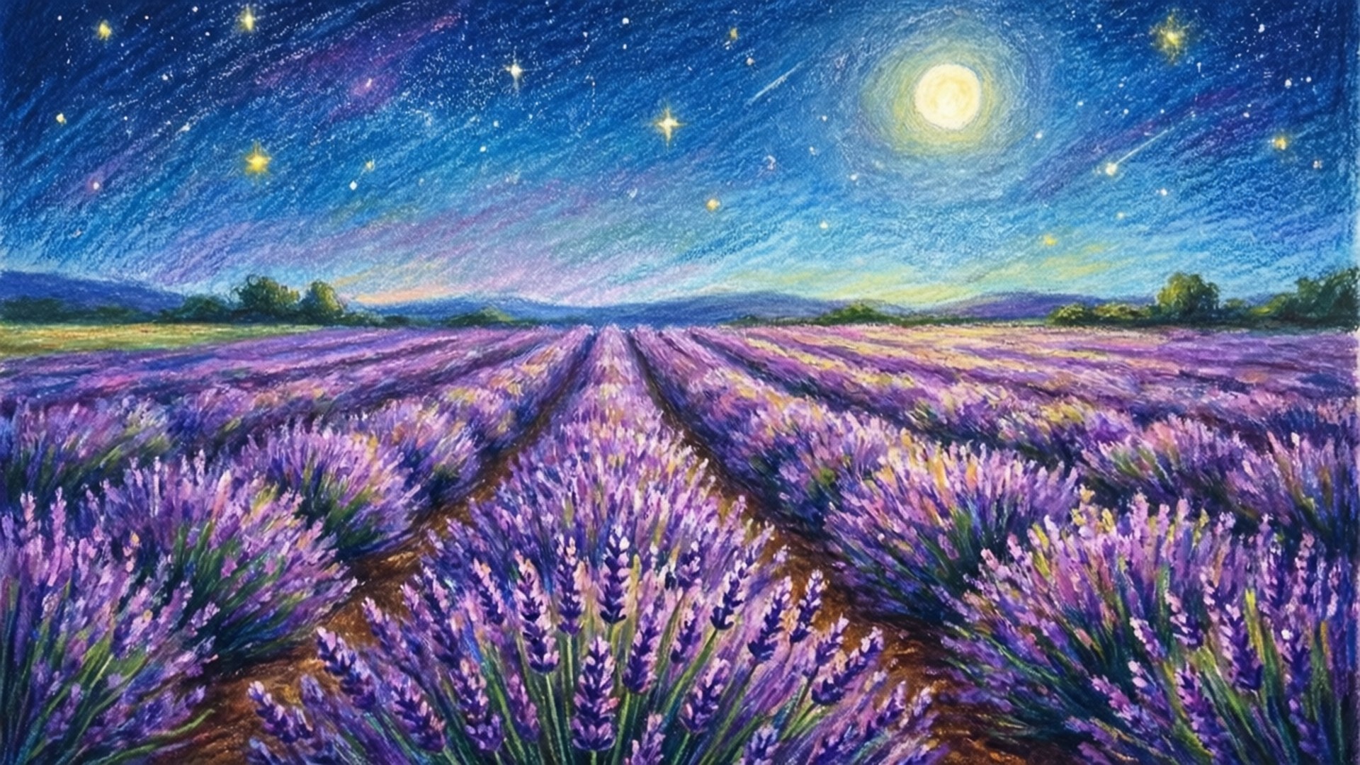 Lavender Starry Night 壁紙 — 一排排紫色薰衣草在繁星點點的夜空下延伸，伴隨著發光的月亮和流星。