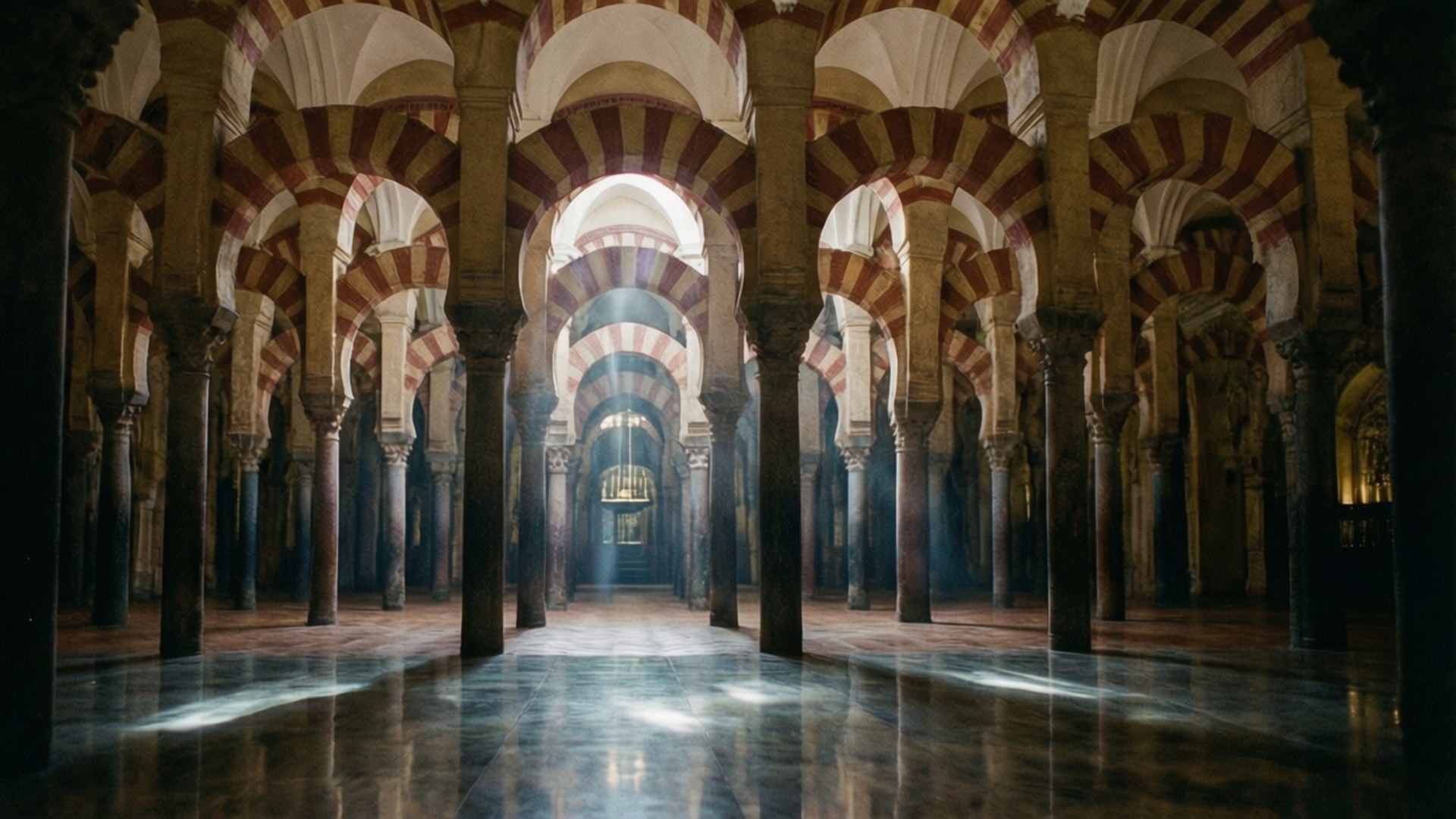 Cordoba Mezquita Arches 壁紙 — 一排排紅白相間條紋拱門由石柱支撐，延伸至宏偉清真寺大廳陽光普照的遠端。