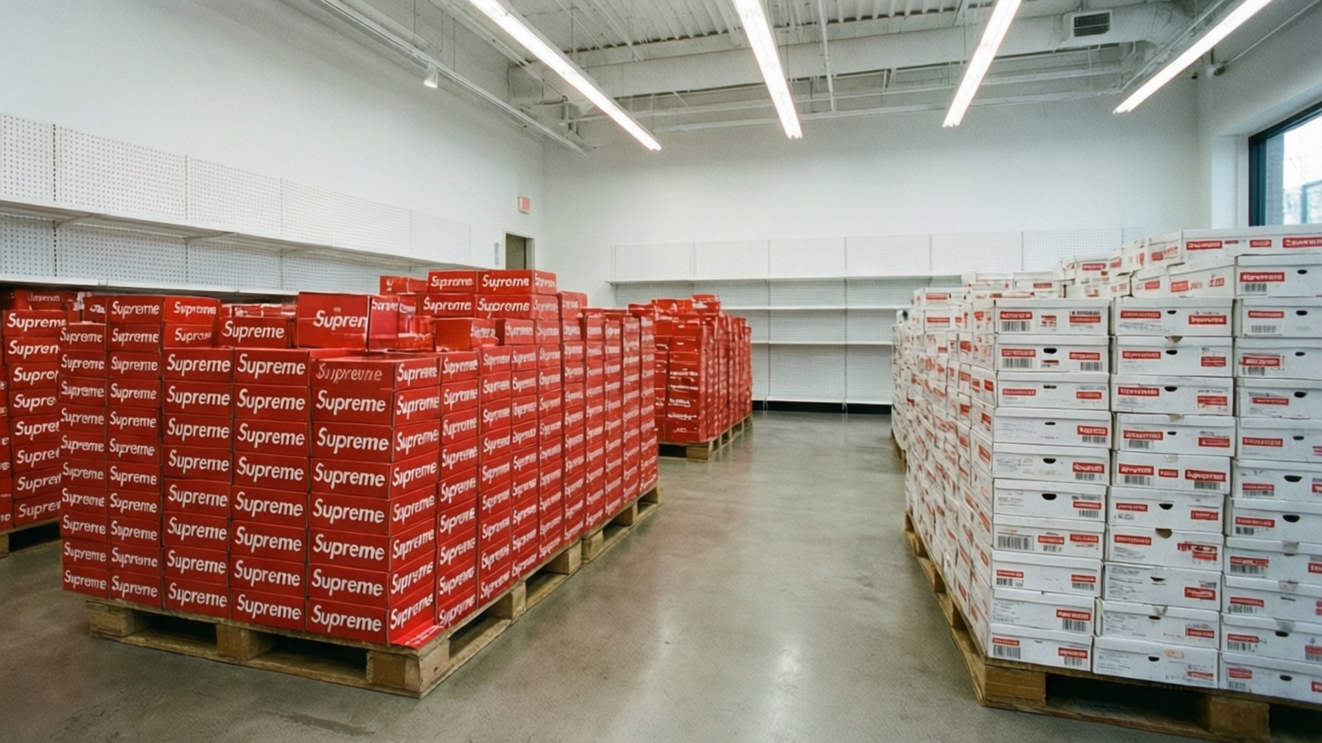 Supreme Store Interior 壁紙 — 明亮倉庫通道中，木製托盤上高高堆疊的紅色和白色Supreme品牌盒子排。