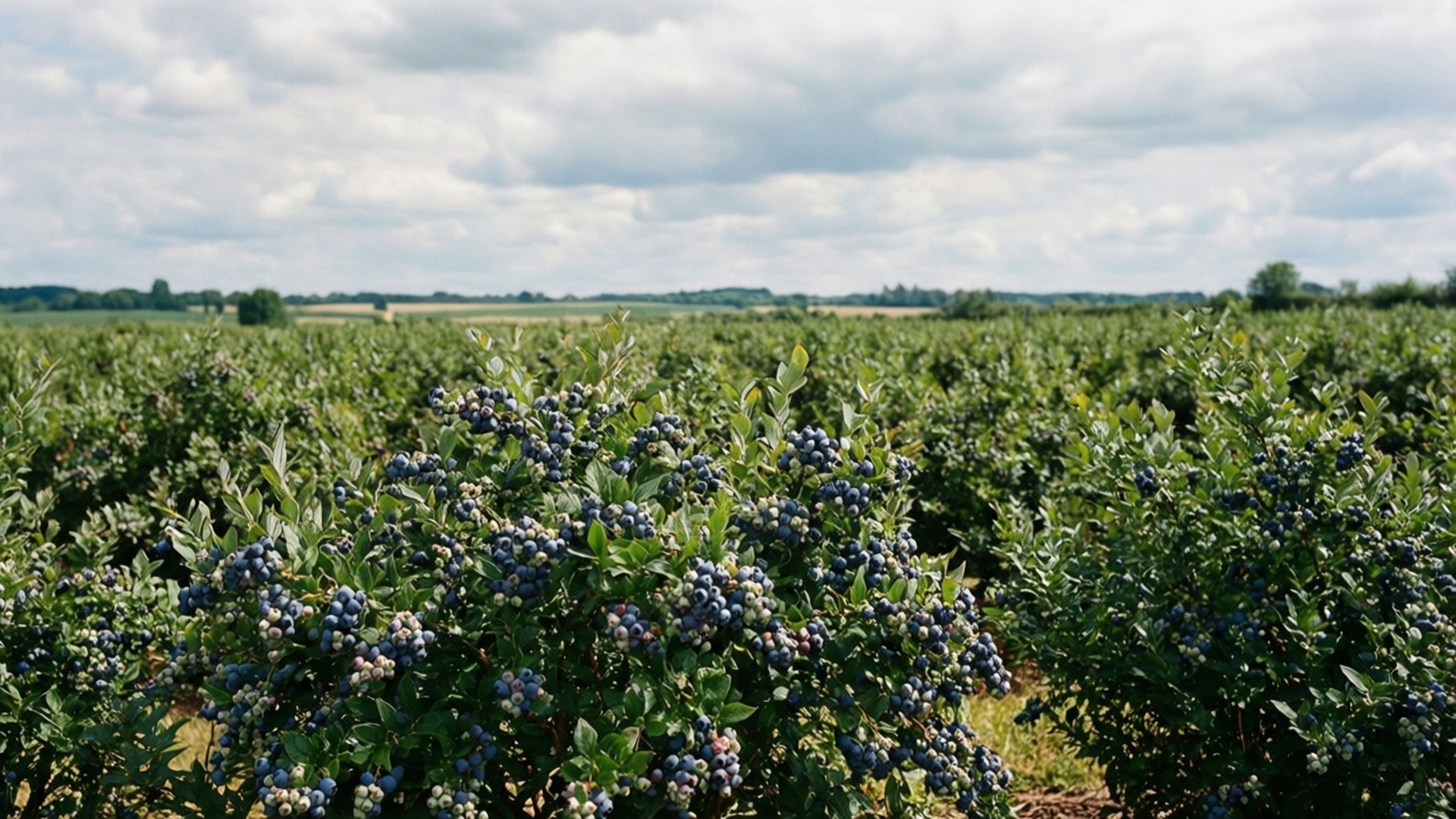 Blueberry Field Vista 壁紙 — 一排排成熟的藍莓在陰天沉重地掛在茂密的綠色灌木上。