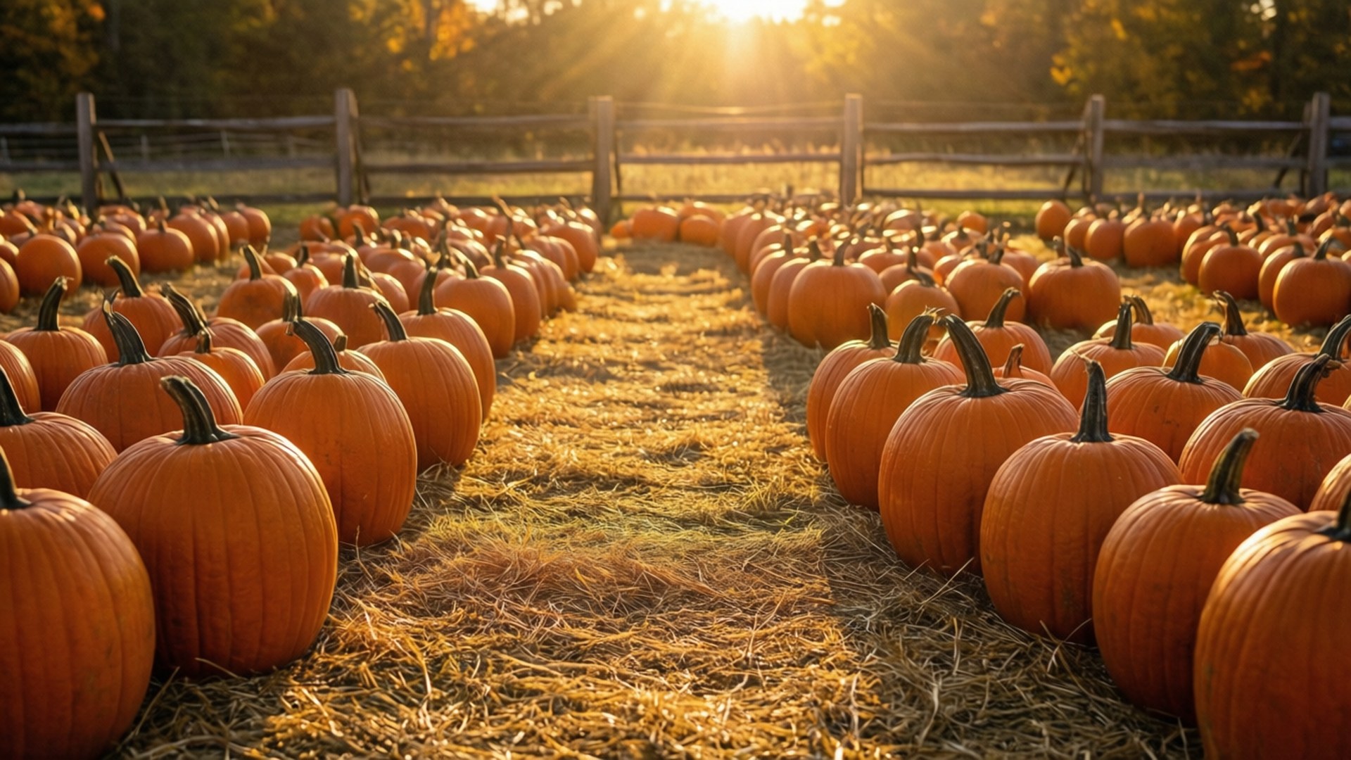 Pumpkin Patch 桌布 壁紙 — 一排排鮮豔的橙色南瓜向木柵欄後的金色夕陽延伸。