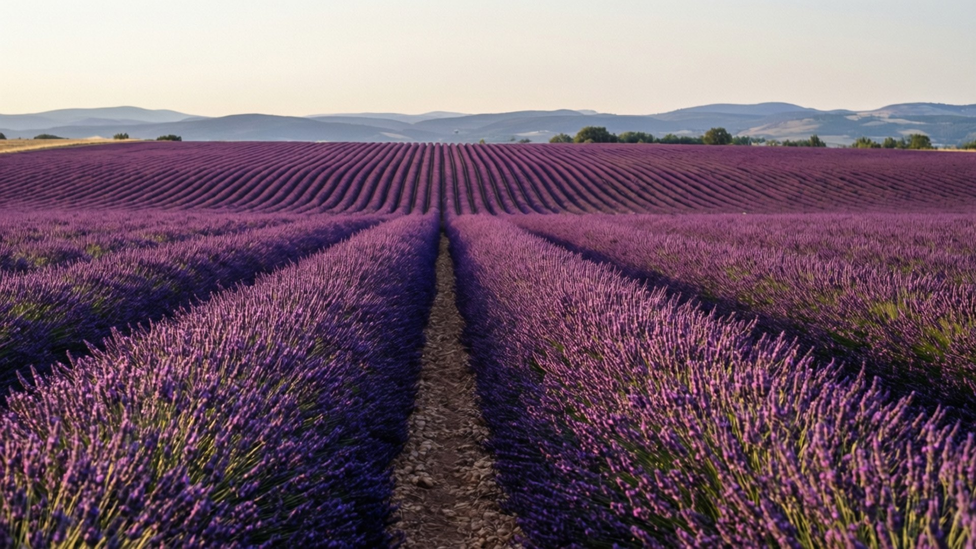 Lavender Field Road 壁紙 — 一排排充滿活力的紫色薰衣草在柔和的金色天空下延伸至遠方，背景是連綿起伏的山丘。