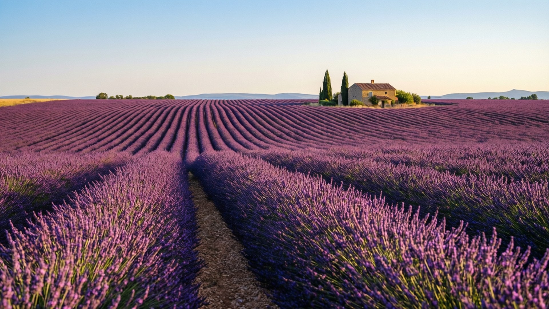 Lavender Field Road 壁紙 — 一排排充滿活力的紫色薰衣草在金色時刻的清澈藍天下延伸至一座石頭農舍。