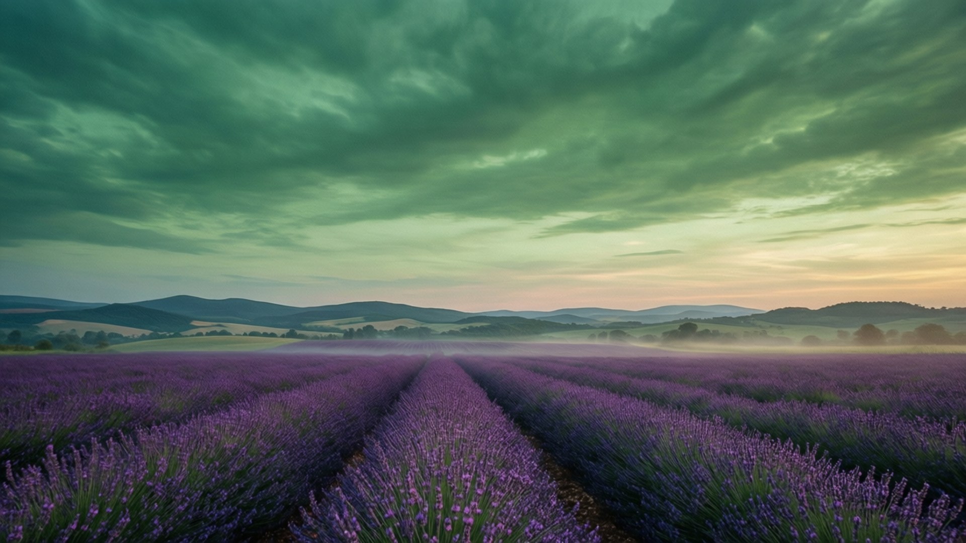 Lavender Field Under Green Sky 壁紙 — 一排排充滿活力的紫色薰衣草向霧氣瀰漫的起伏山丘延伸，天空呈現戲劇性的綠色和金色。