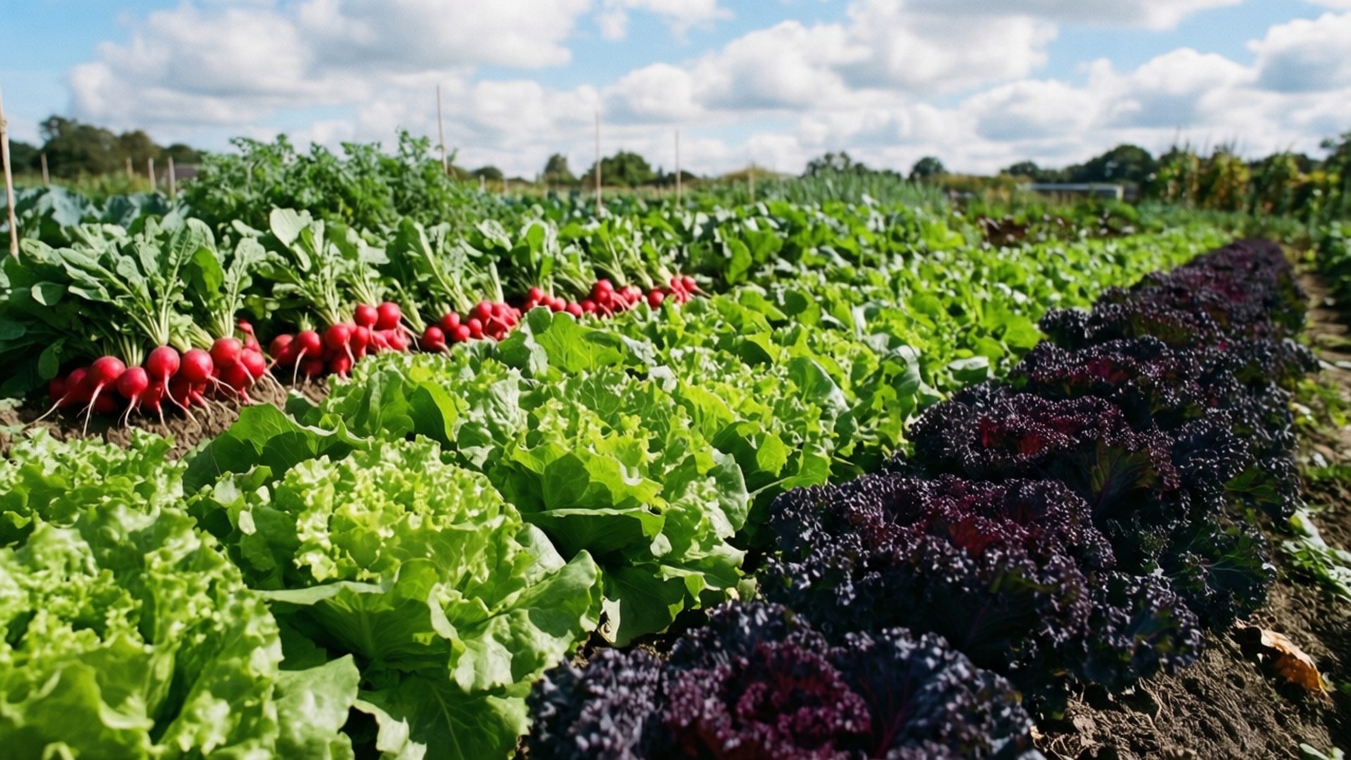 Vegetable Garden Rows 壁紙 — 一排排鮮紅的蘿蔔、亮綠的生菜和深紫的羽衣甘藍在部分多雲的天空下延伸在陽光照耀的蔬菜田裡。