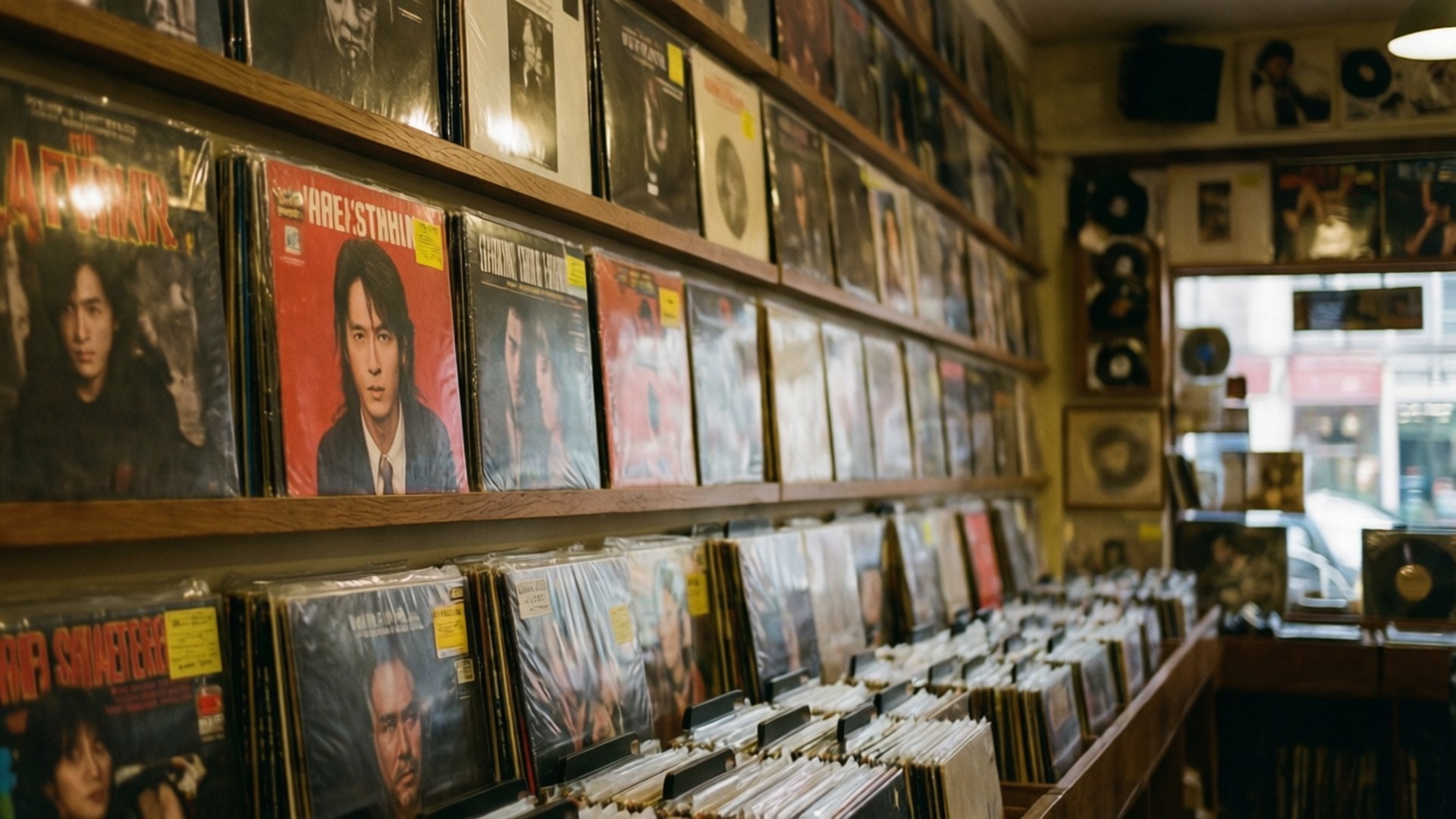 Record Store Wall 壁紙 — 一排排色彩繽紛的專輯封面的黑膠唱片整齊地排列在舒適唱片店的木架上。