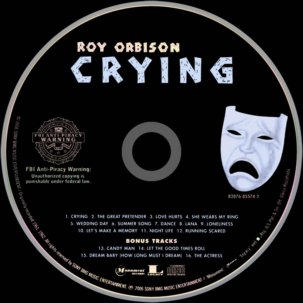 Retro 桌布 壁紙 — Roy Orbison《Crying》的黑色音樂CD標籤，特色是白色哭泣面具和曲目列表。
