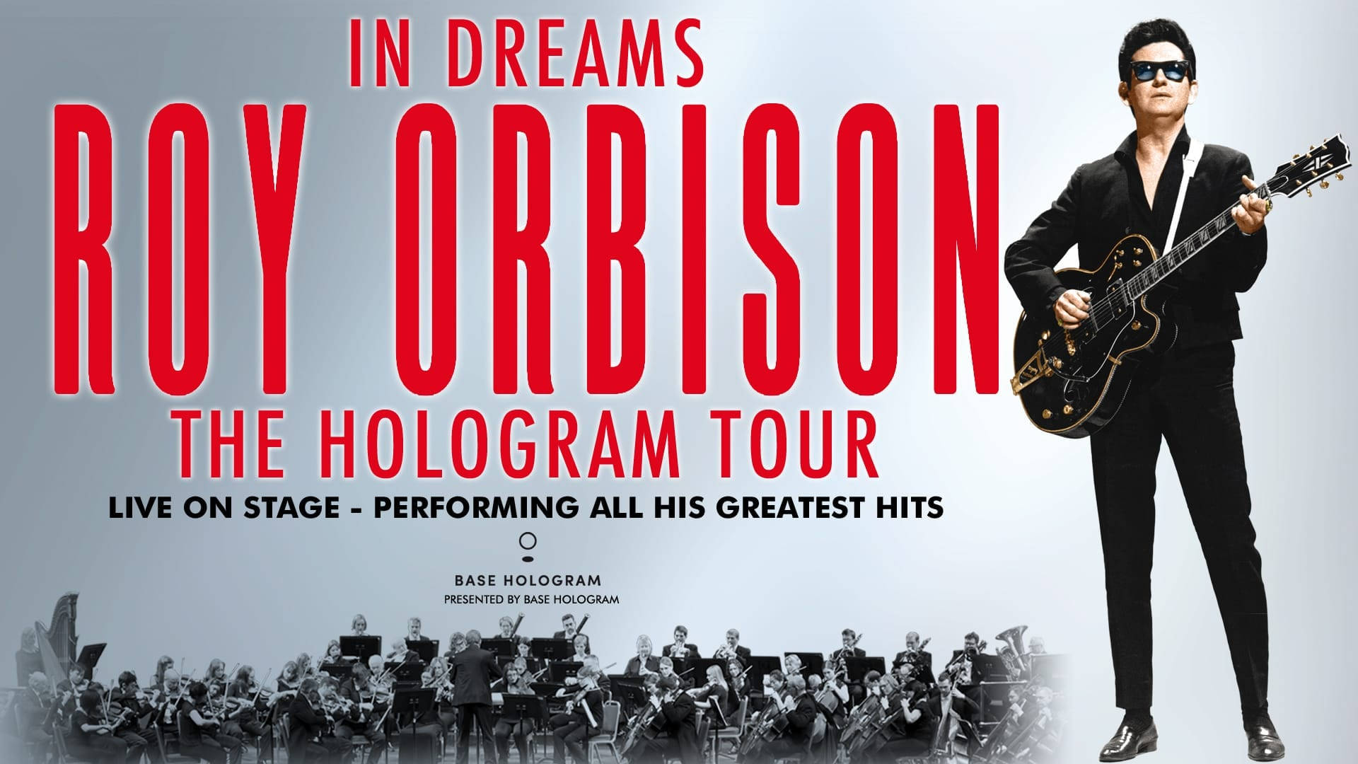 Retro 桌布 壁紙 — Roy Orbison 全息影像在宣傳音樂會海報中與現場管弦樂團一起用電吉他表演。