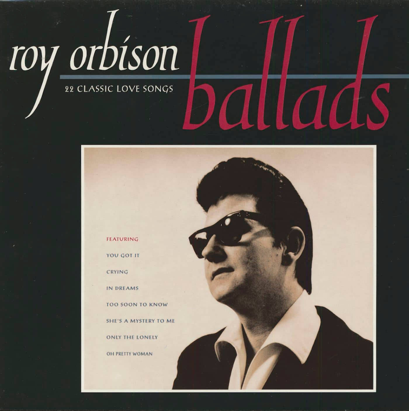 Retro 桌布 壁紙 — Roy Orbison 戴著太陽眼鏡的復古專輯封面，背景為黑色，配有紅色和白色字體。
