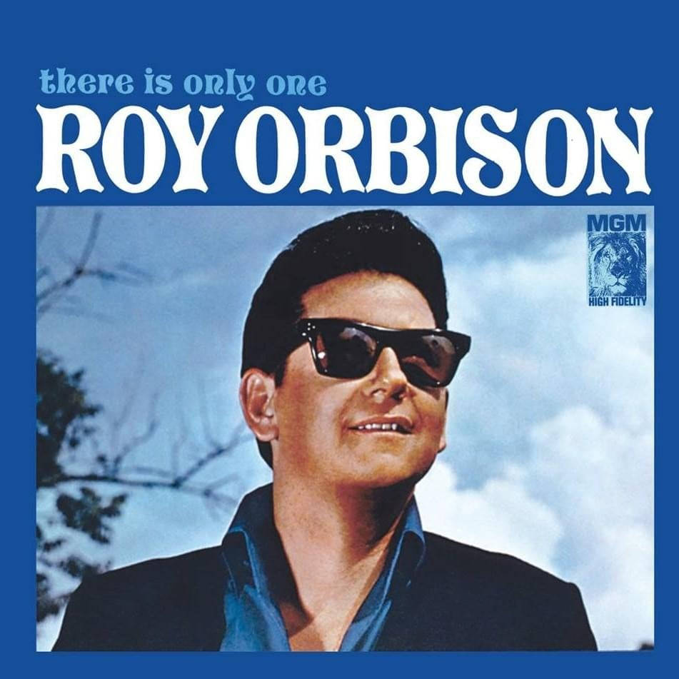 Retro 桌布 壁紙 — Roy Orbison 戴著太陽眼鏡在藍天白雲和光禿禿的樹枝背景下微笑。