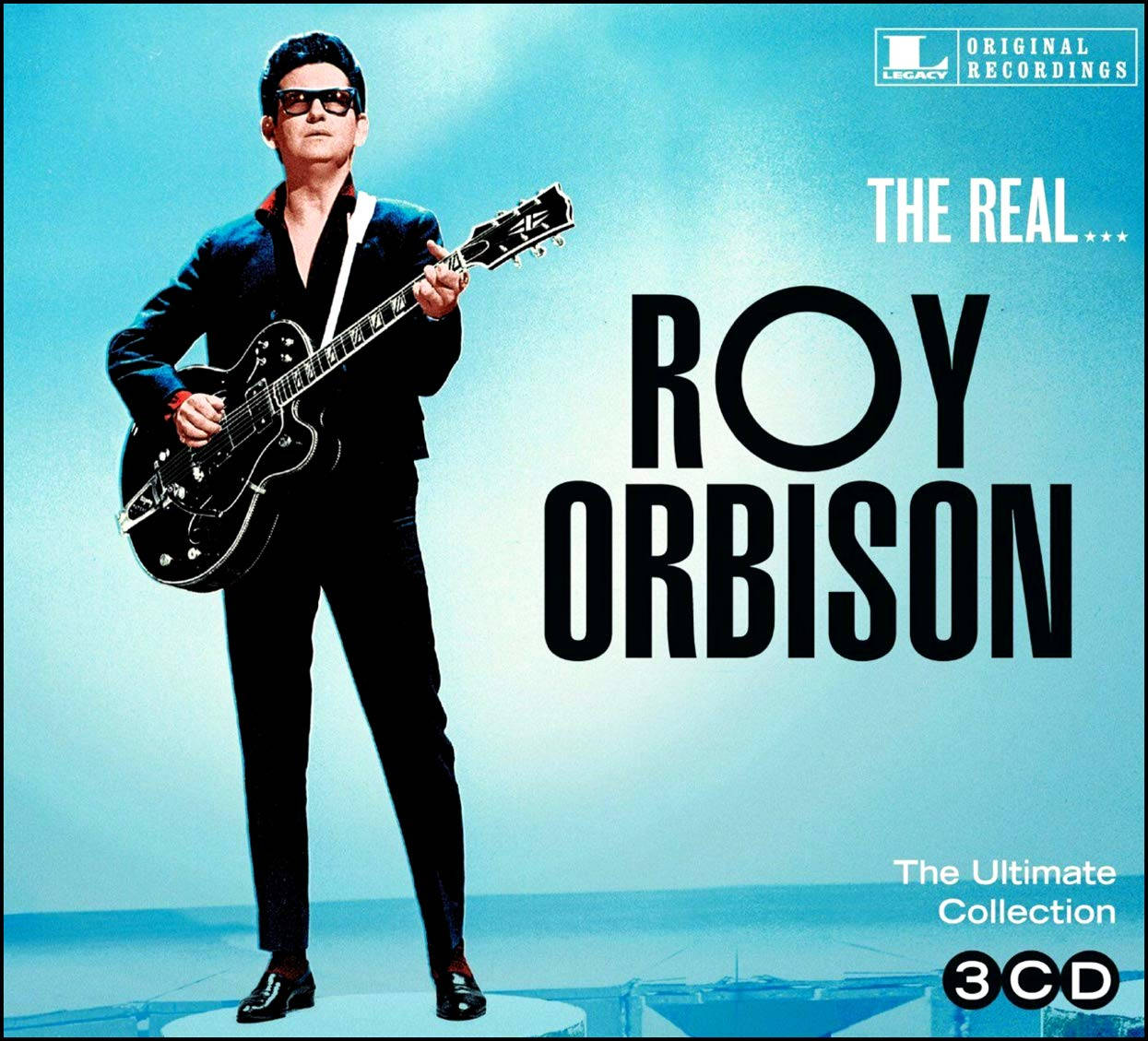 Retro 桌布 壁紙 — Roy Orbison 自信地穿著黑色西裝，手持吉他，背景是明亮的藍色，並有粗體文字。