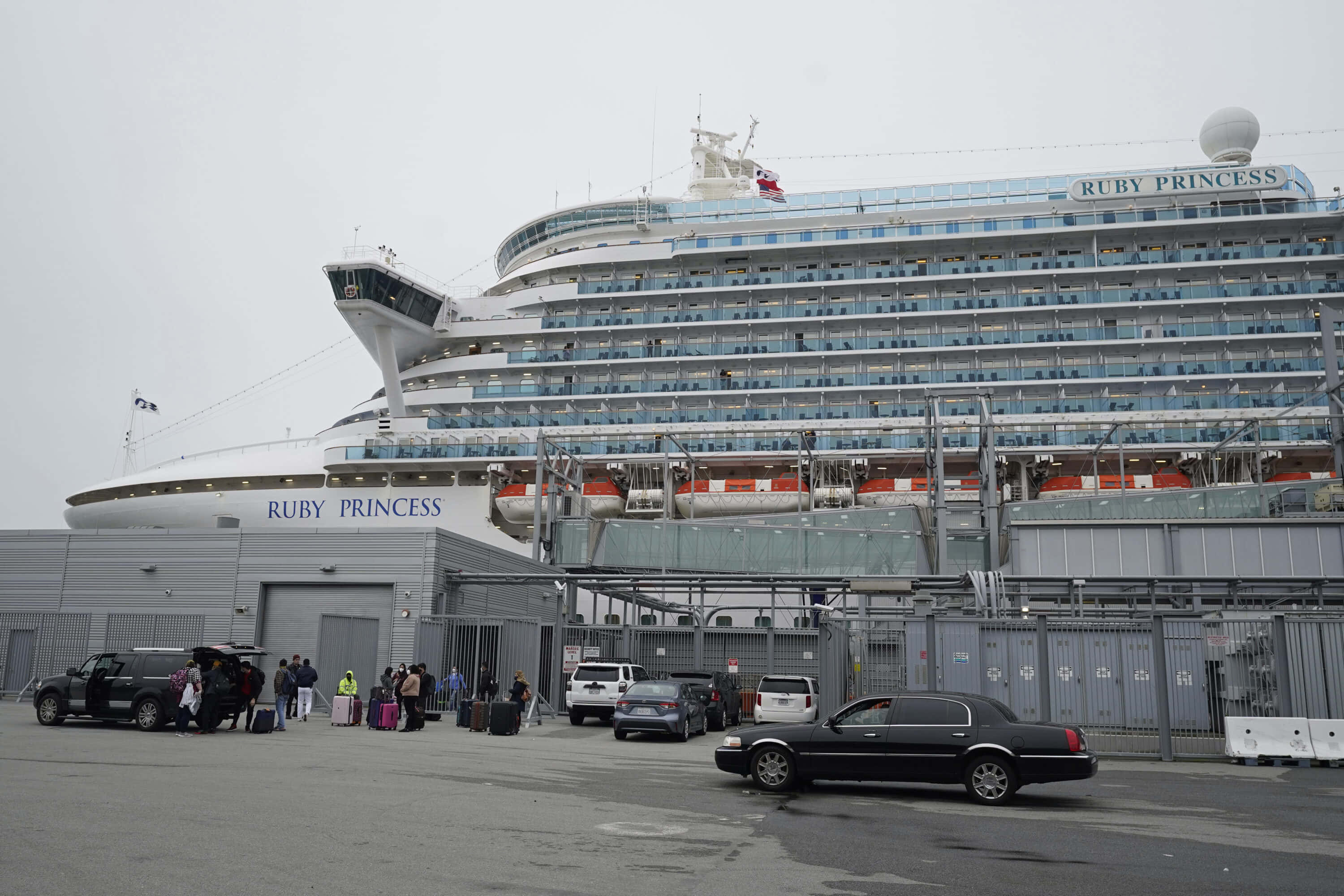 郵輪 桌布 壁紙 — Ruby Princess 郵輪在港口顯得龐大，乘客和汽車聚集在灰色客運大樓附近，天空多雲。